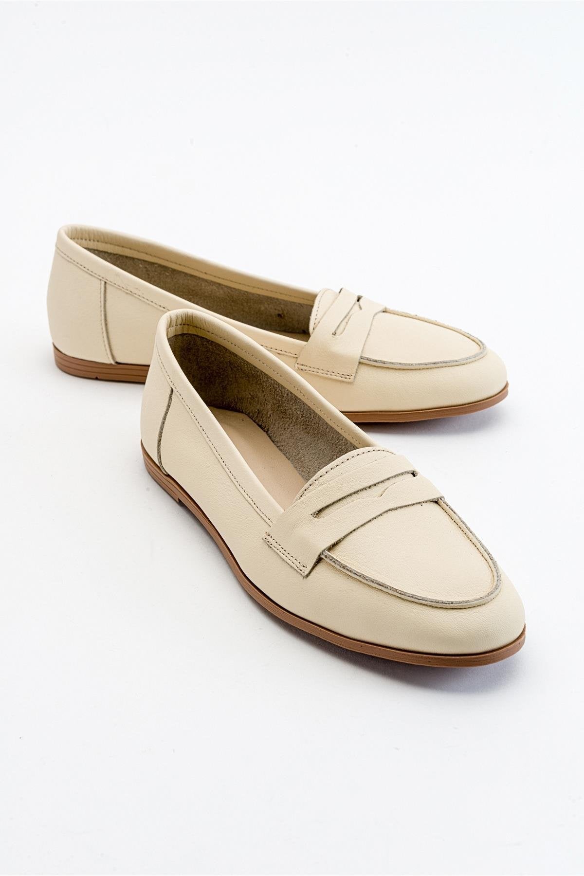 Dorothy - Light Beige Leather Loafers – front three-quarter view showing leather, suede, SimmiUnique