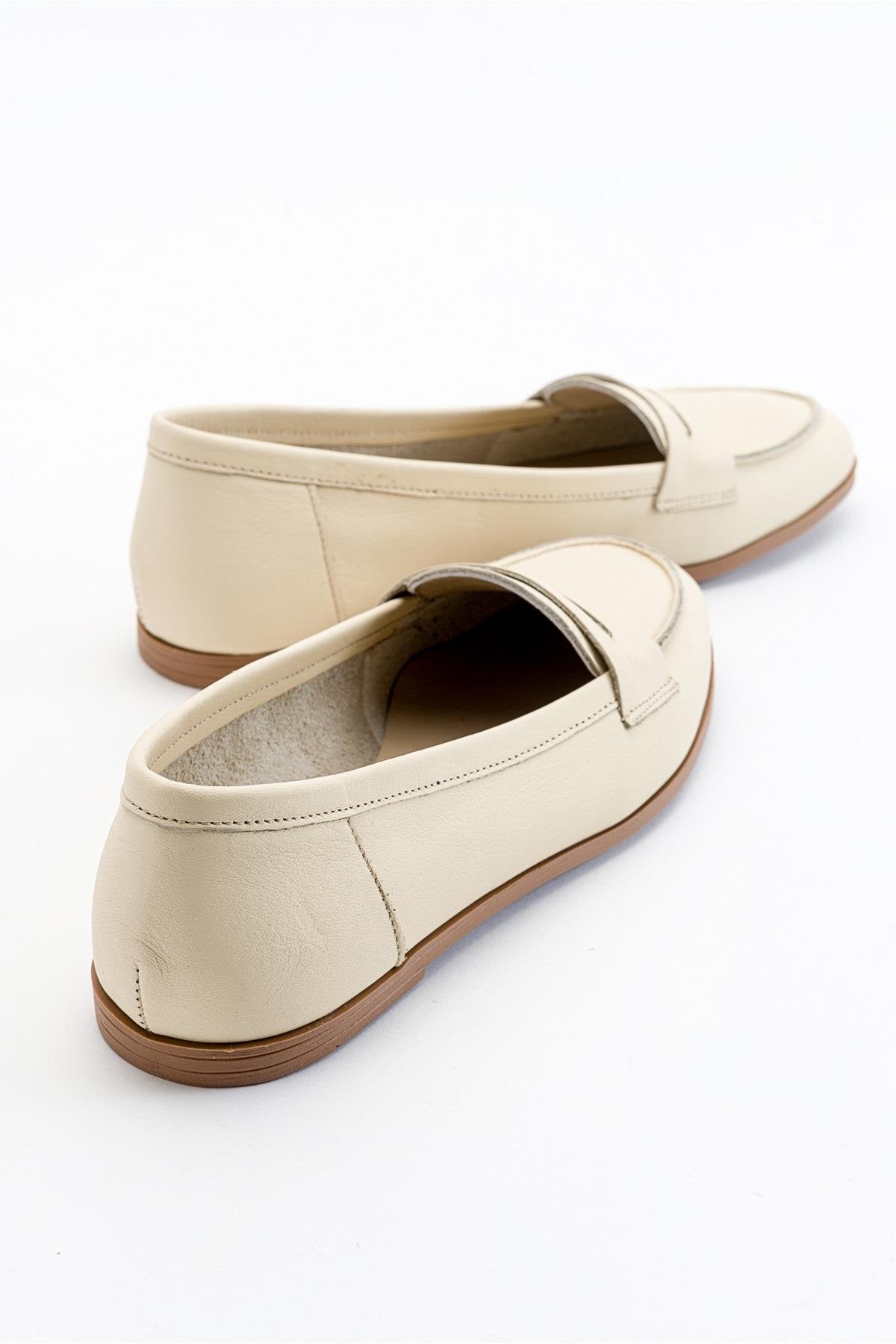 Dorothy - Light Beige Leather Loafers – detail view showing leather, suede, SimmiUnique
