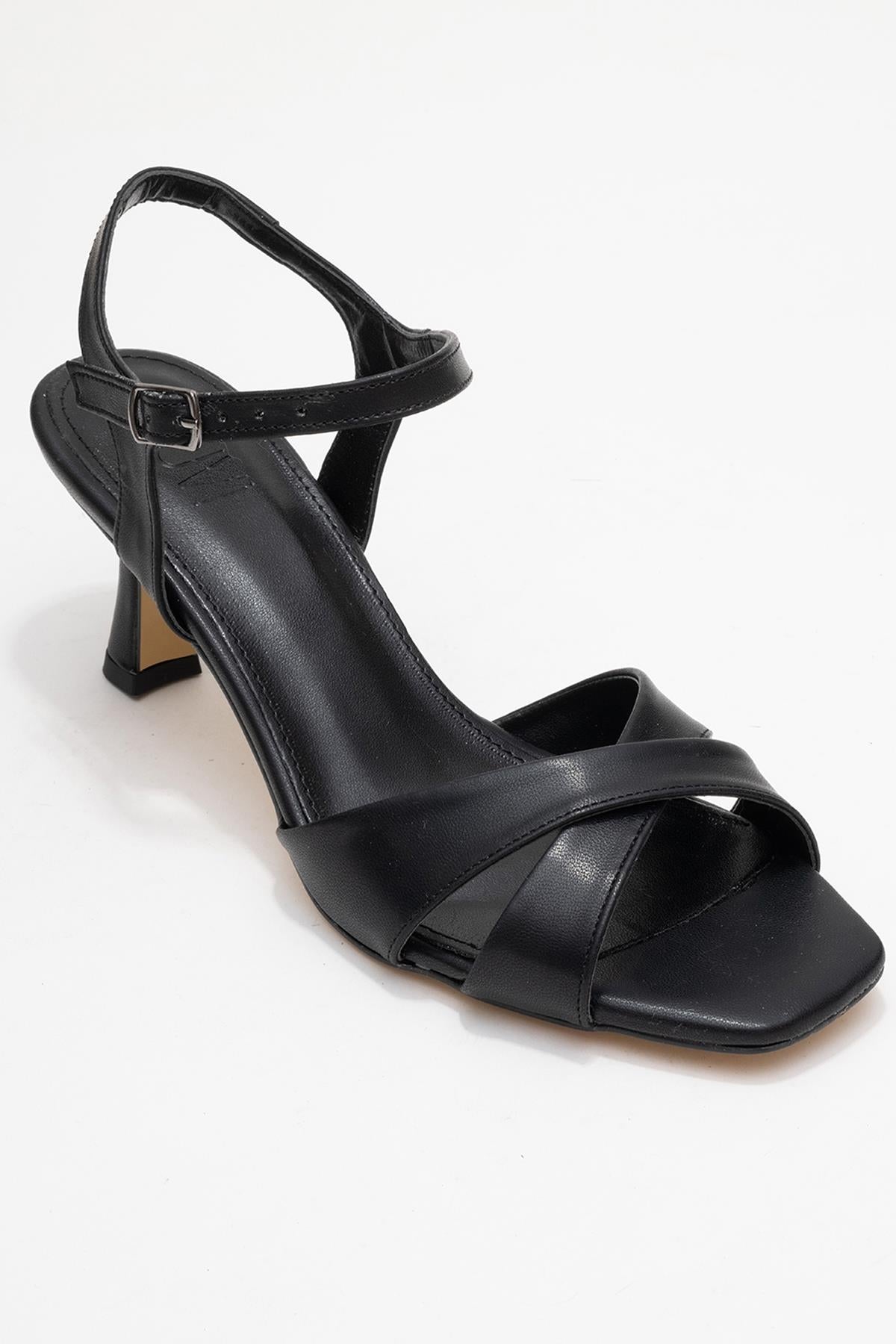 Melin - Black Cross-Strap High Heel Pump – detail view showing leather, black, SimmiUnique