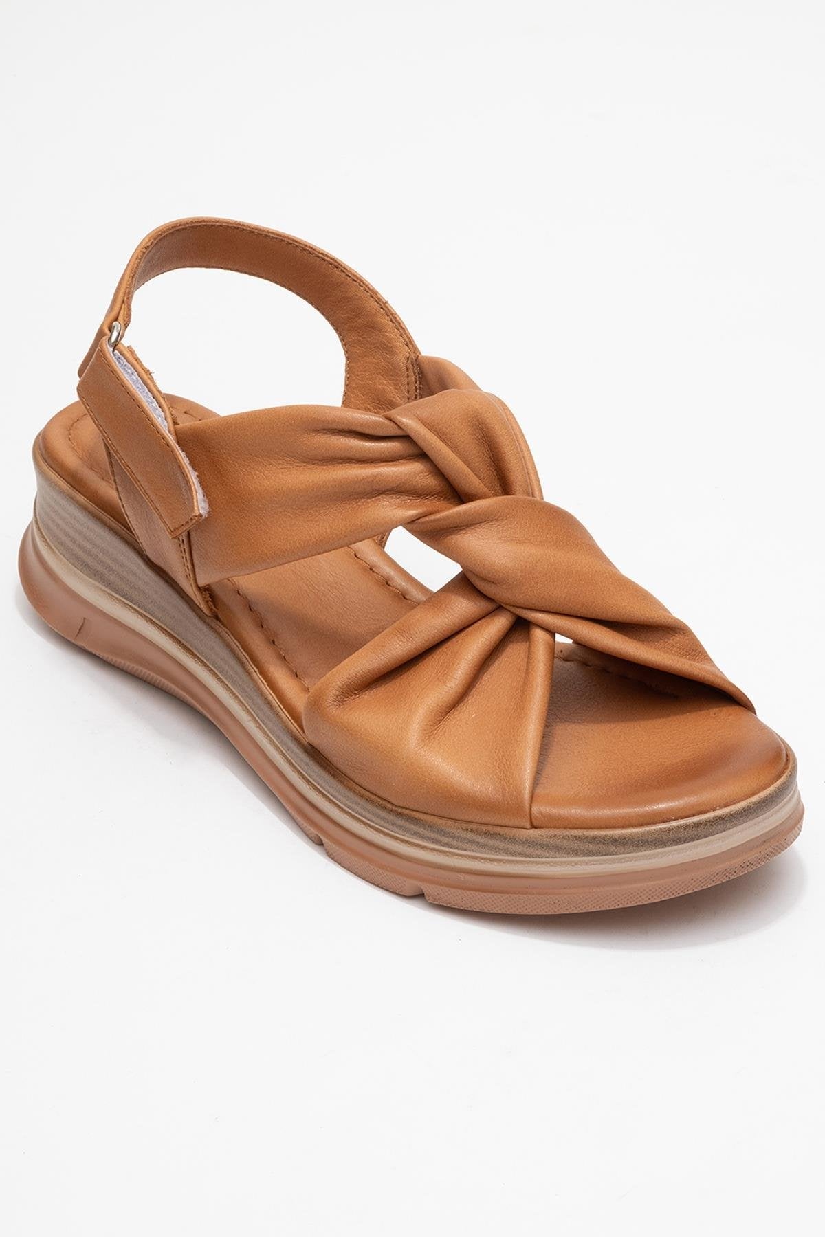 Oara - Cognac Brown Leather Sandal – detail view showing leather, SimmiUnique
