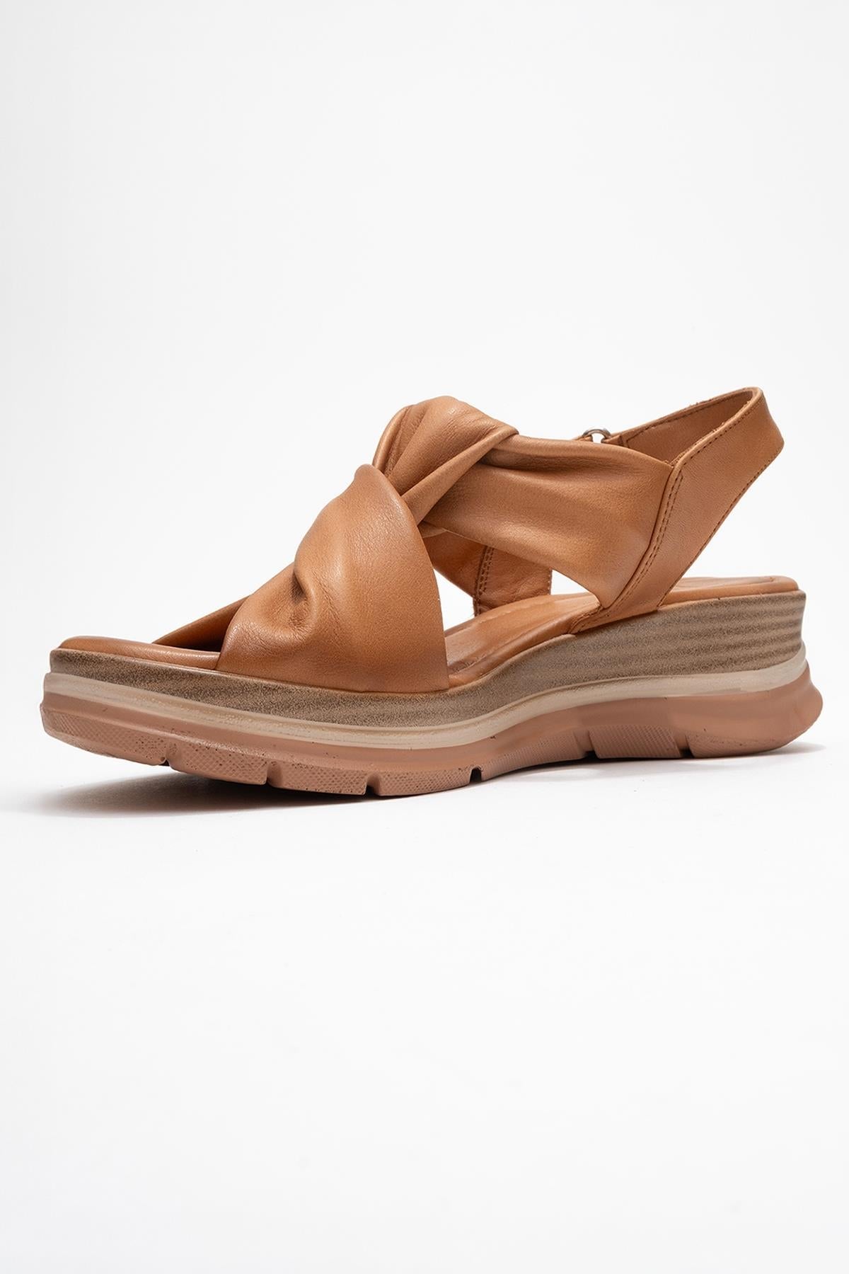 Oara - Cognac Brown Leather Sandal – heel view showing leather, SimmiUnique