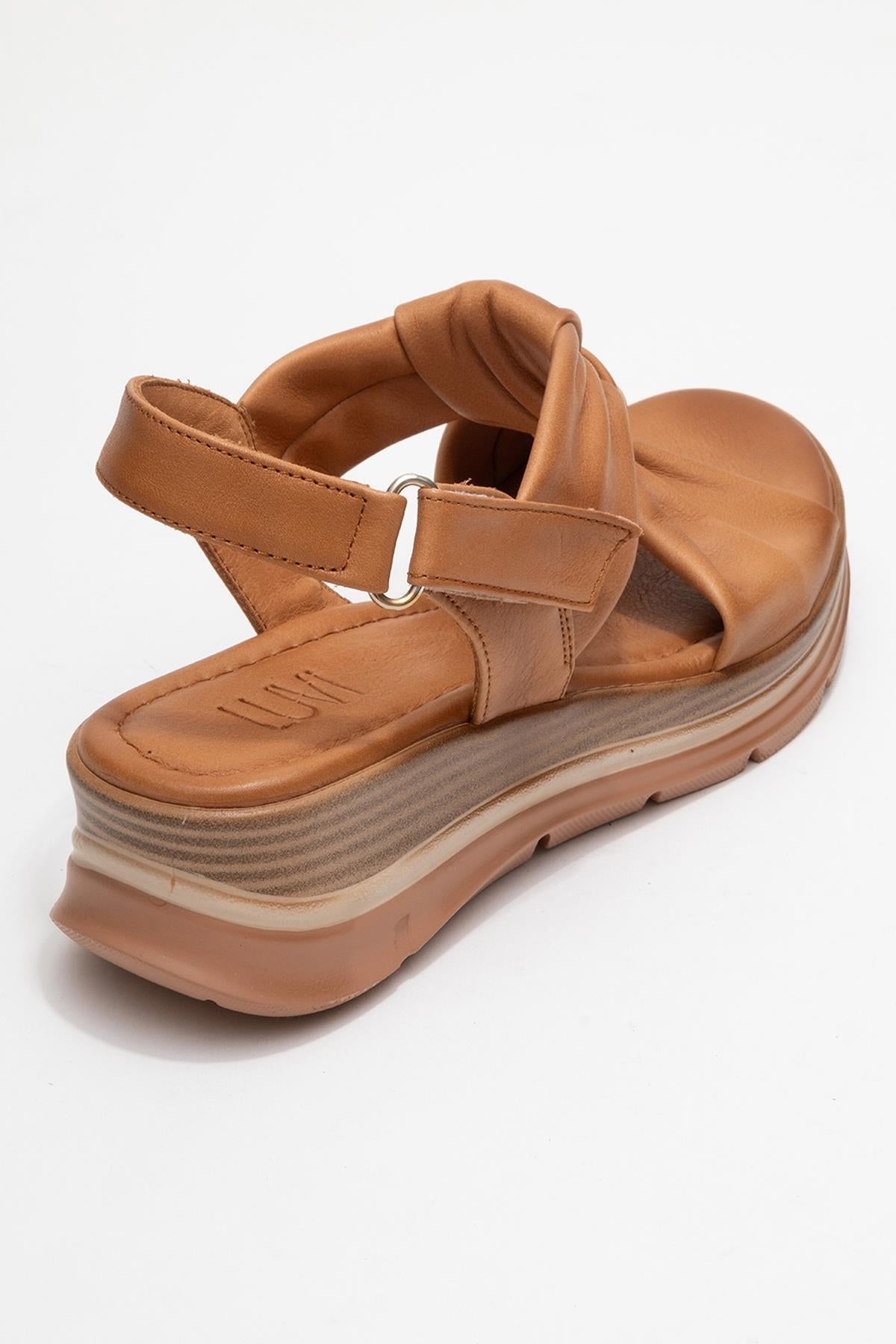 Oara - Cognac Brown Leather Sandal – back view showing leather, SimmiUnique