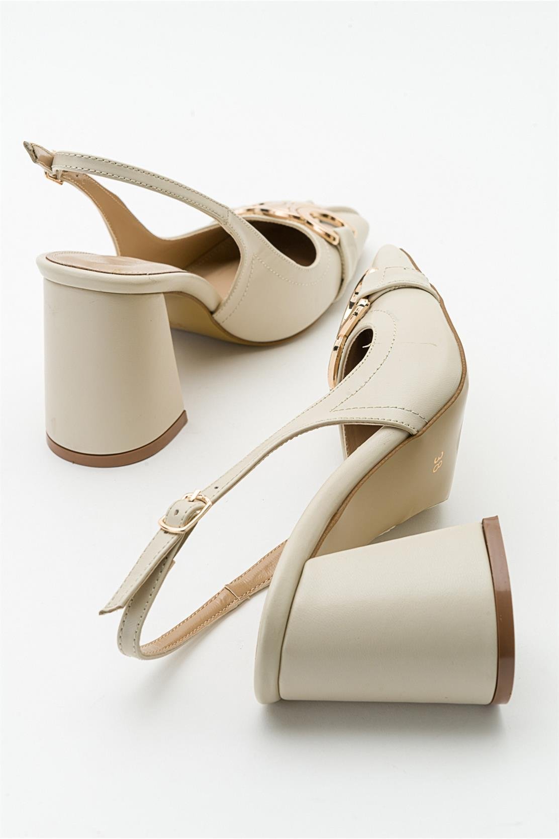 Forlev - Ecru Beige Heeled Shoe – detail view showing leather, SimmiUnique