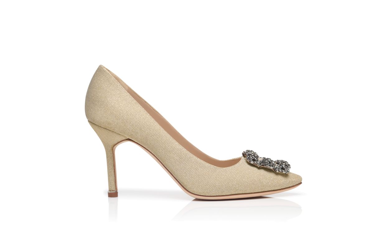 Amelie Star Gold Jewel Buckle Pumps – side profile showing gold jewel buckle, crystal buckle, almond toe, SimmiUnique