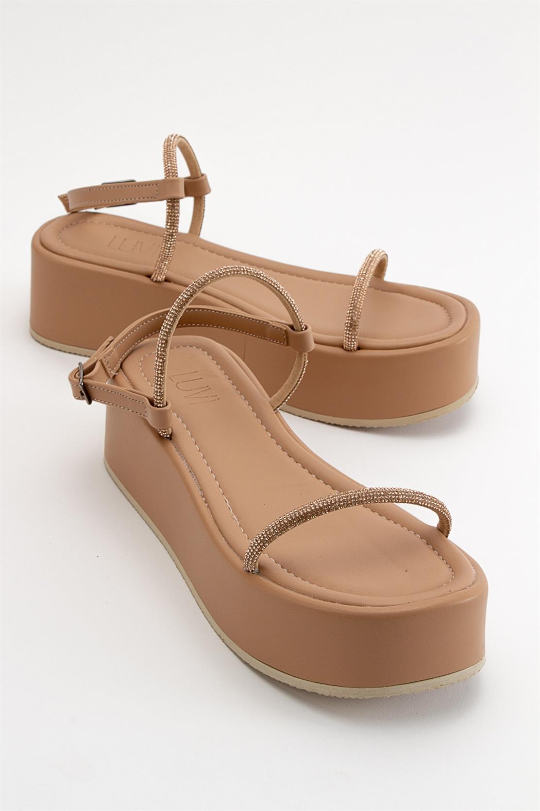 Ekos - Beige Jeweled Platform Sandal – front three-quarter view showing leather, SimmiUnique