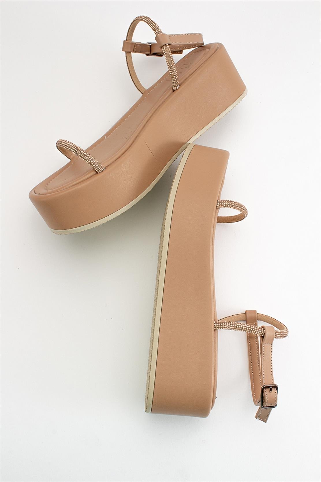 Ekos - Beige Jeweled Platform Sandal – side view showing leather, SimmiUnique