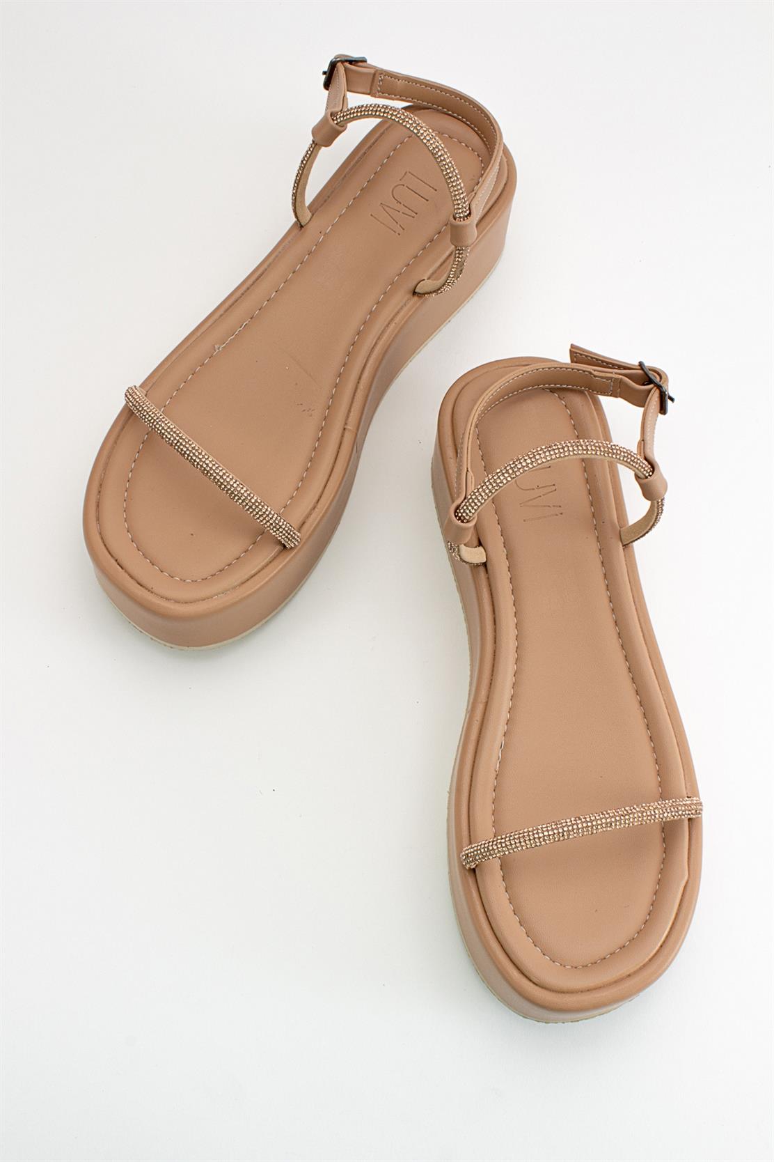 Ekos - Beige Jeweled Platform Sandal – detail view showing leather, SimmiUnique