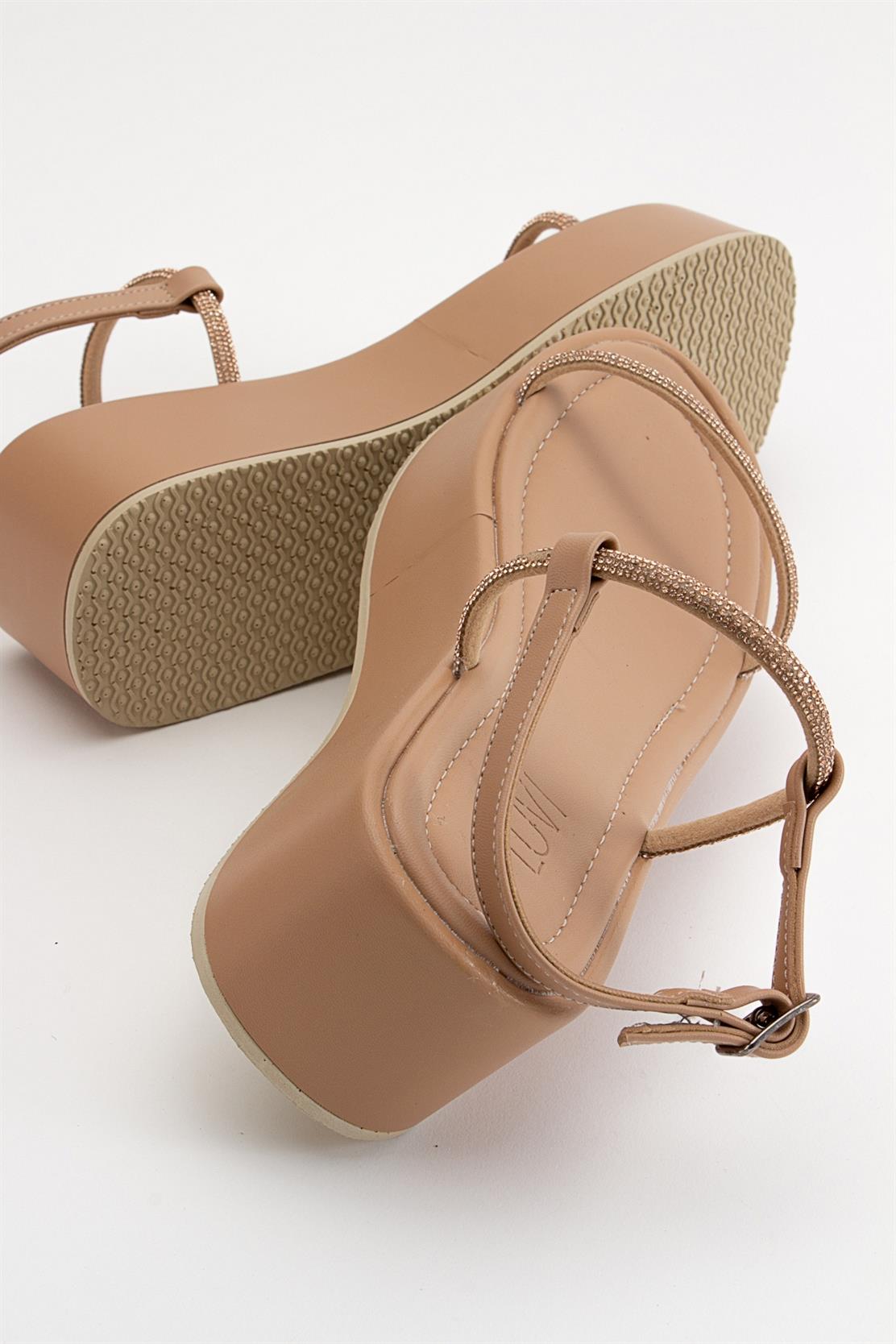 Ekos - Beige Jeweled Platform Sandal – back view showing leather, SimmiUnique
