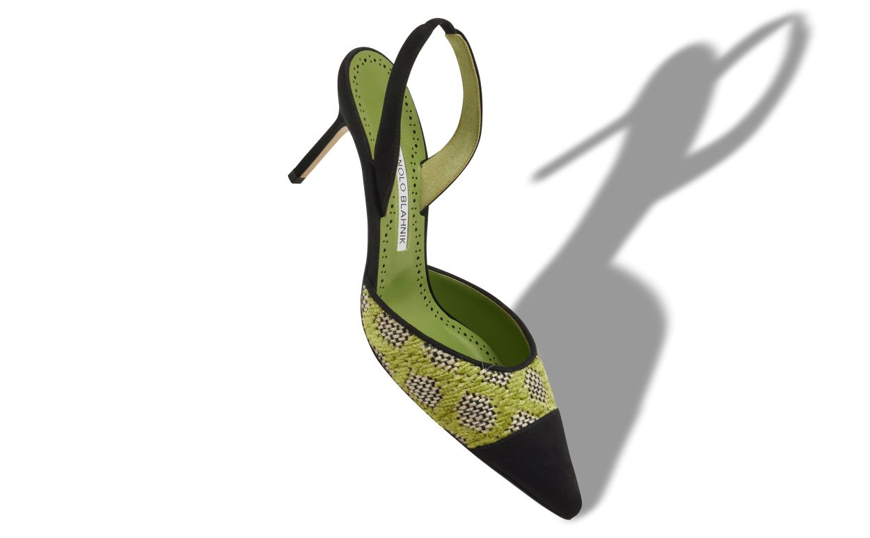 Cressida Star Green Slingback Slingbacks – front three-quarter view showing green slingback, pointed toe, suede, raffia…