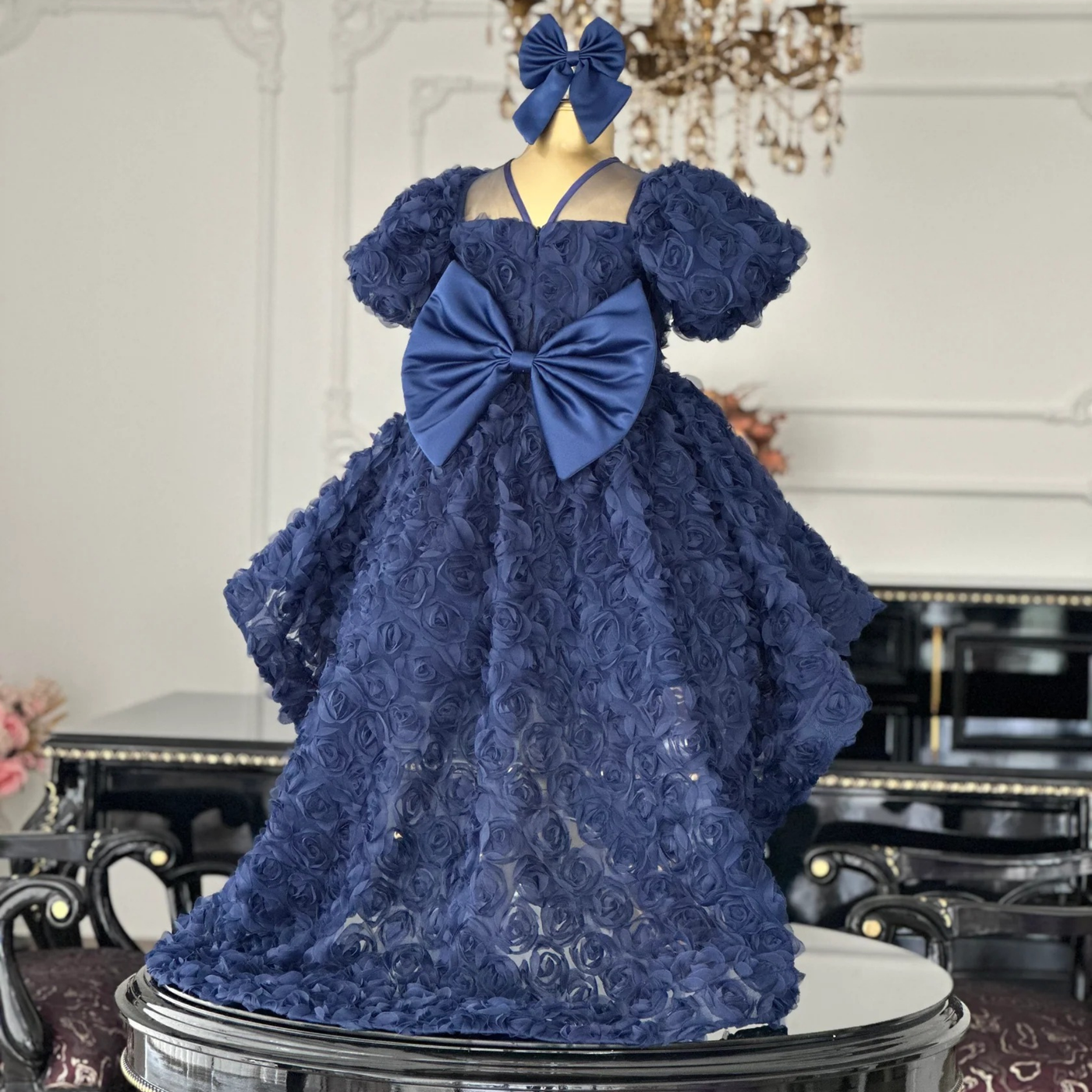 Rose Navy Blue Tailed Evening Dress – close-up