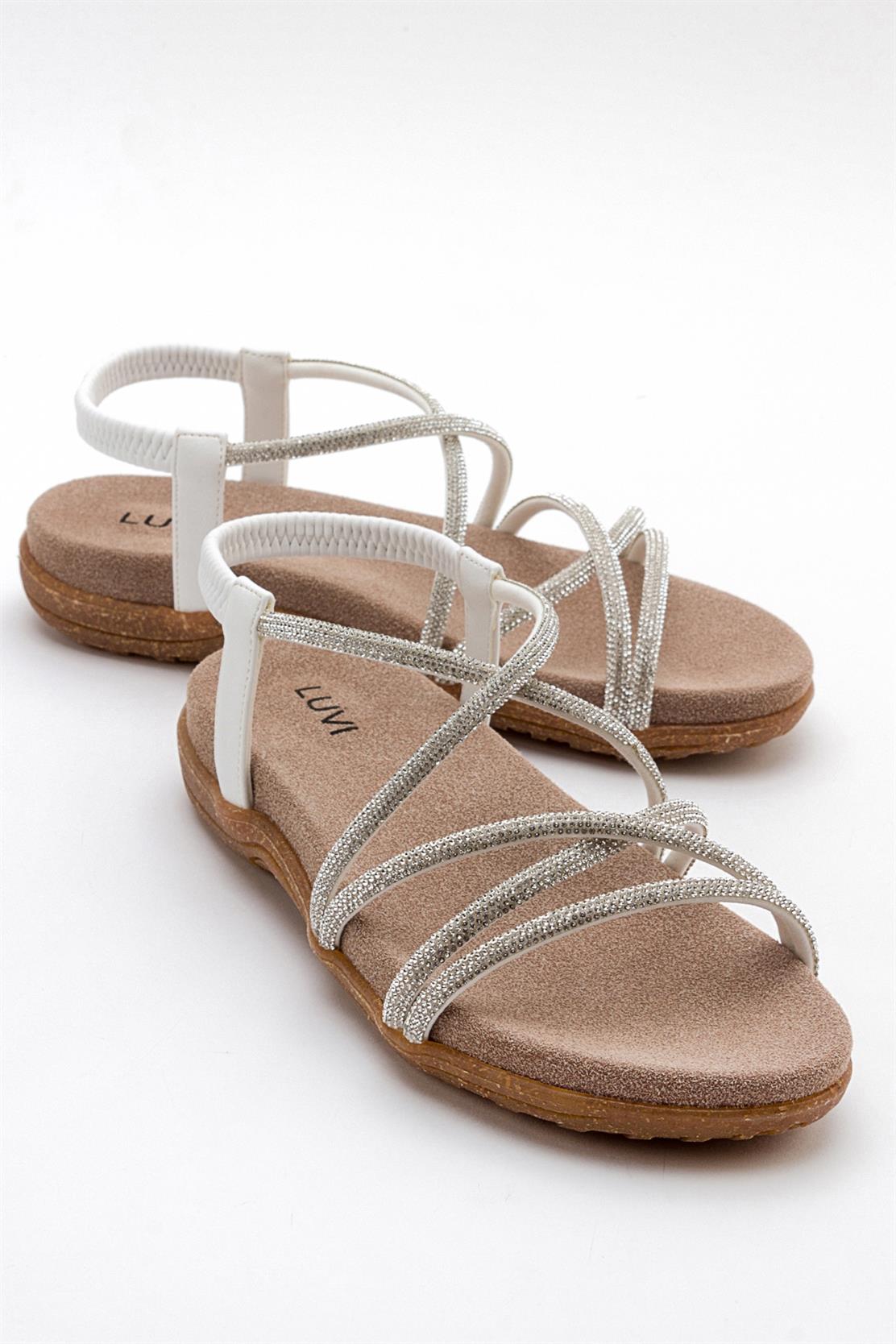 Ever White Embellished Sandal – front three-quarter view showing leather, white, SimmiUnique