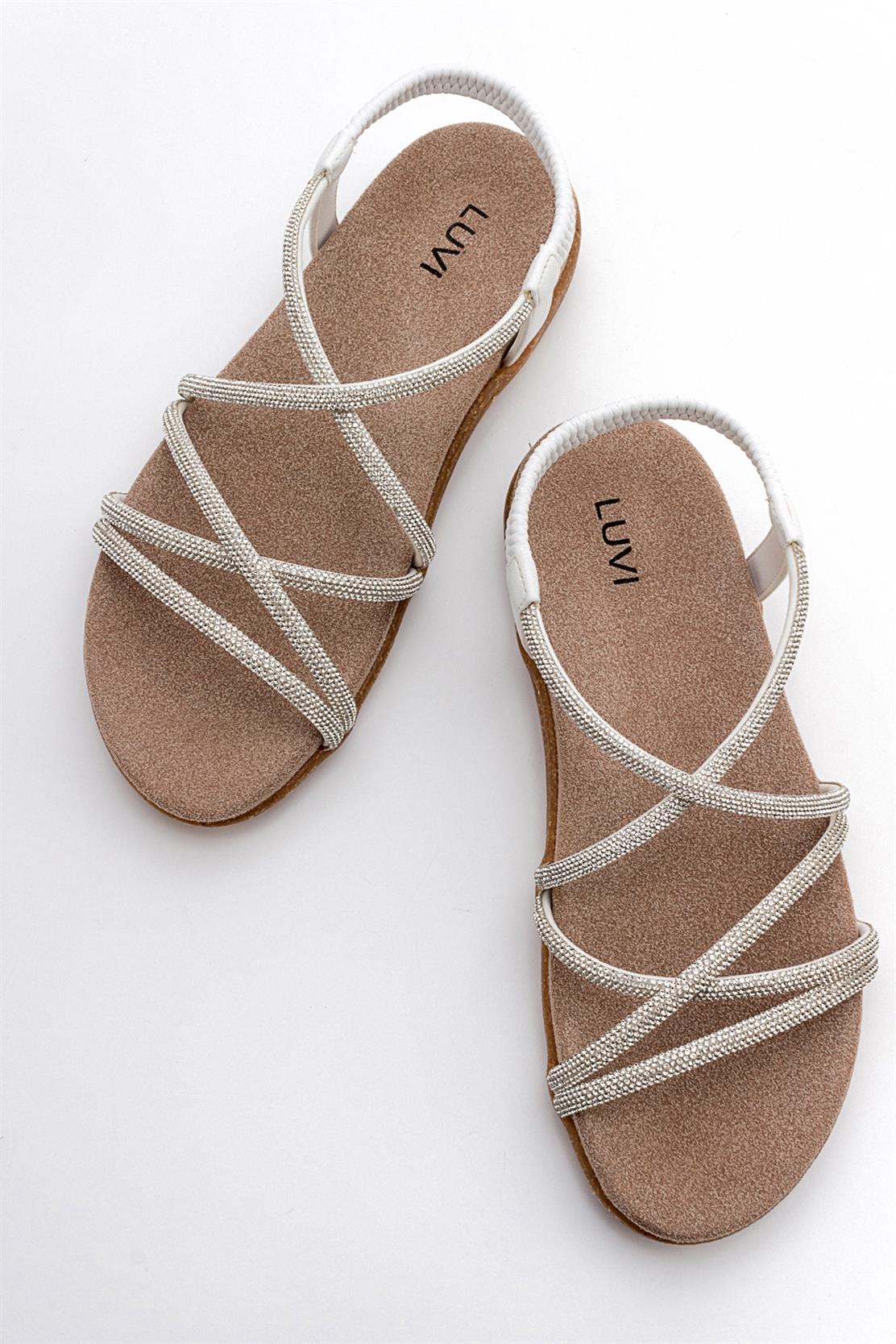 Ever White Embellished Sandal – side view showing leather, white, SimmiUnique