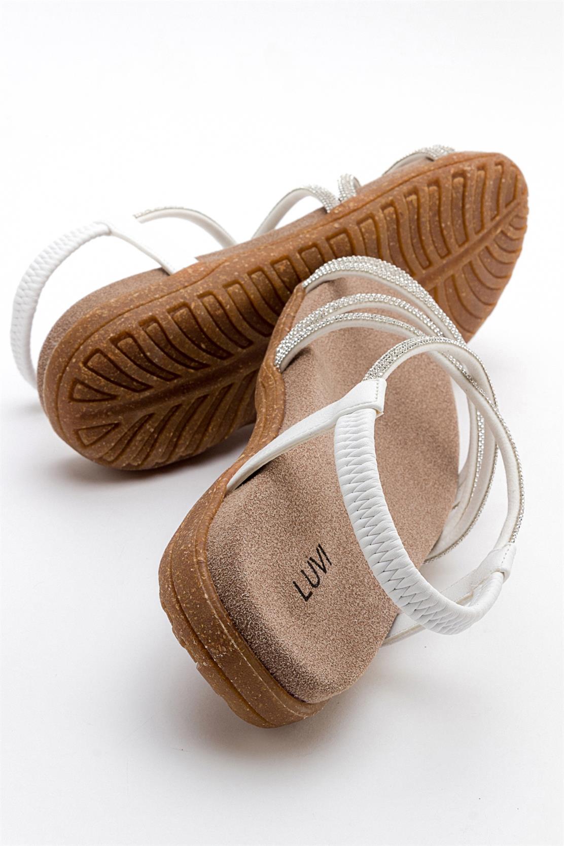 Ever White Embellished Sandal – detail view showing leather, white, SimmiUnique