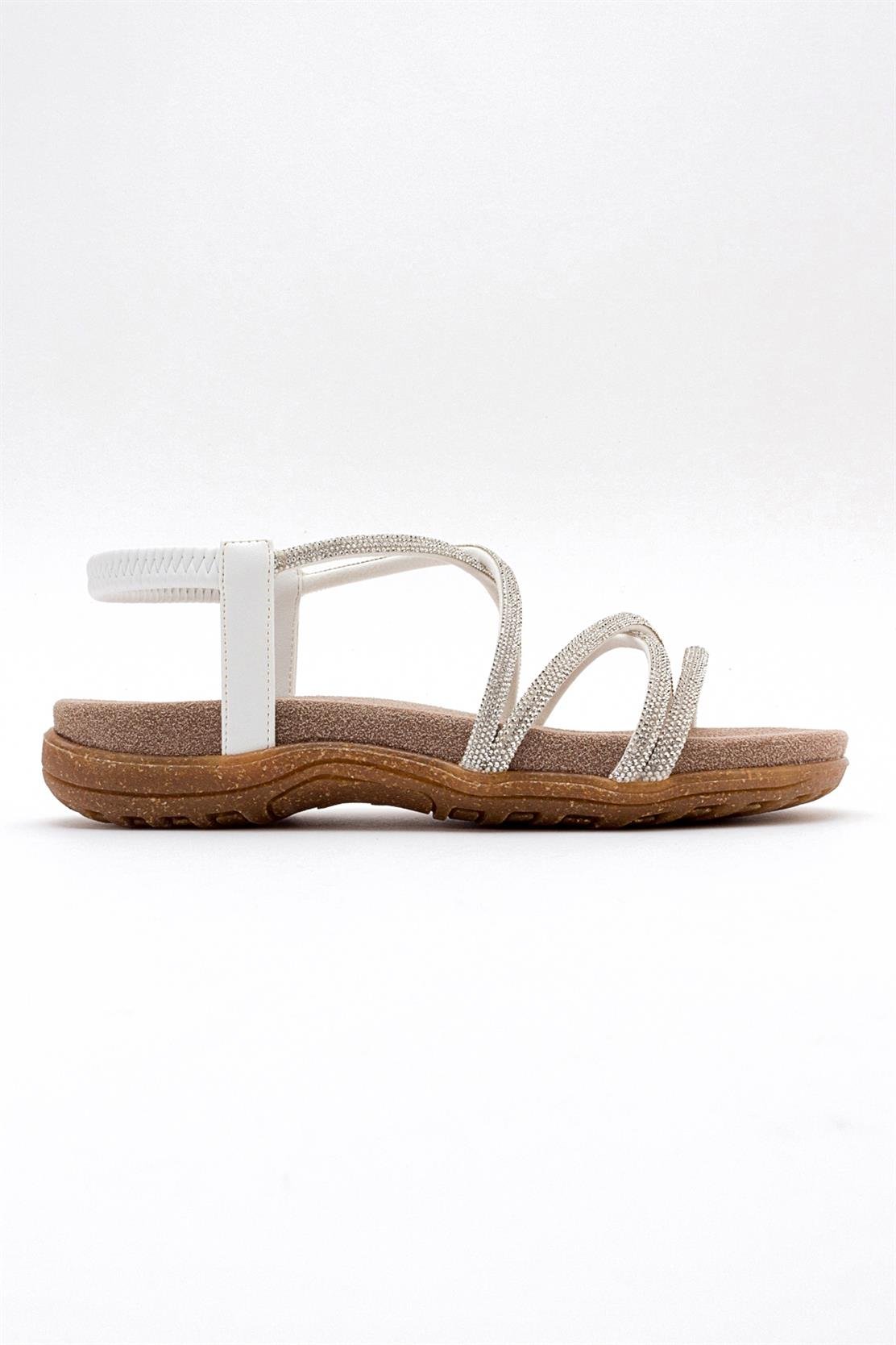Ever White Embellished Sandal – top view showing leather, white, SimmiUnique