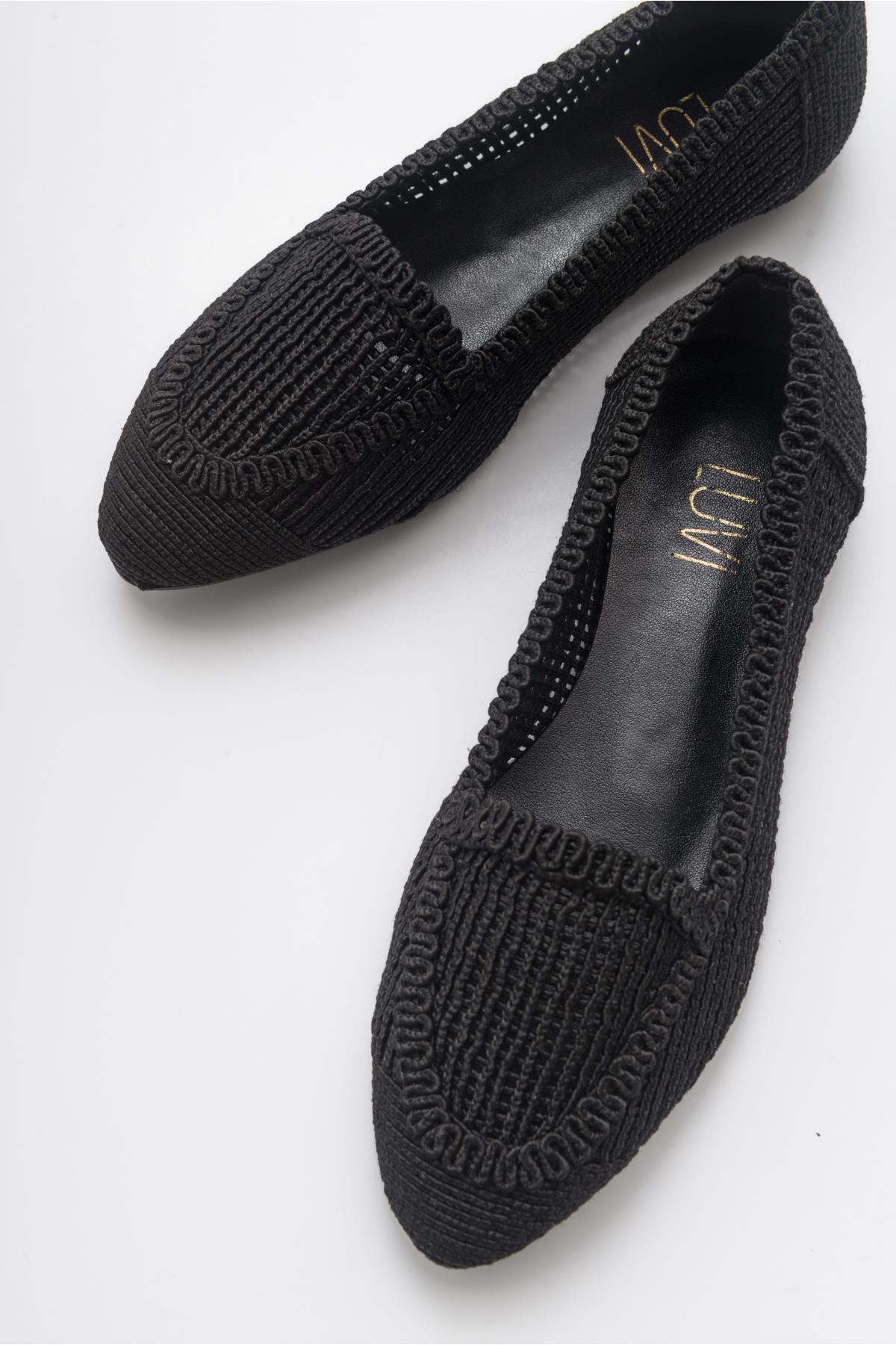 Mira Black Knit Ballet Flat – front three-quarter view showing leather, black, SimmiUnique