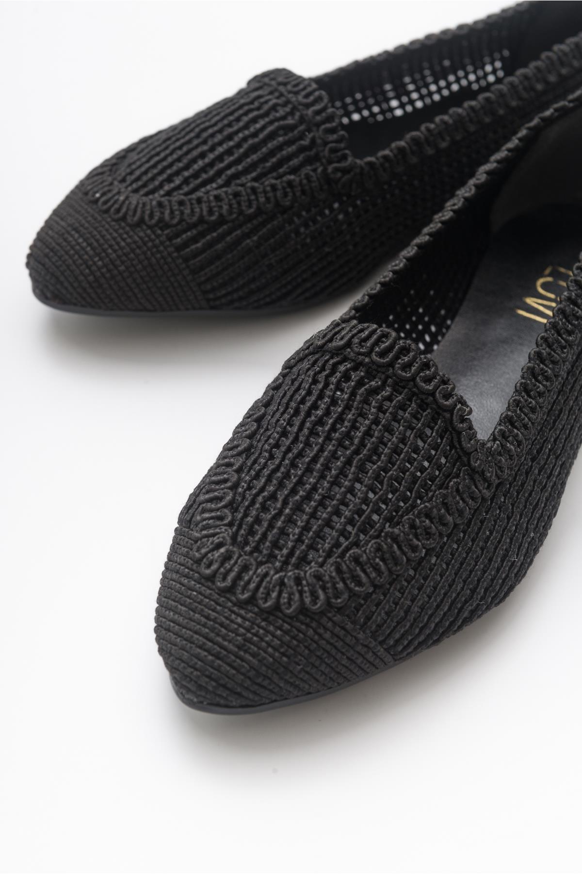 Mira Black Knit Ballet Flat – side view showing leather, black, SimmiUnique