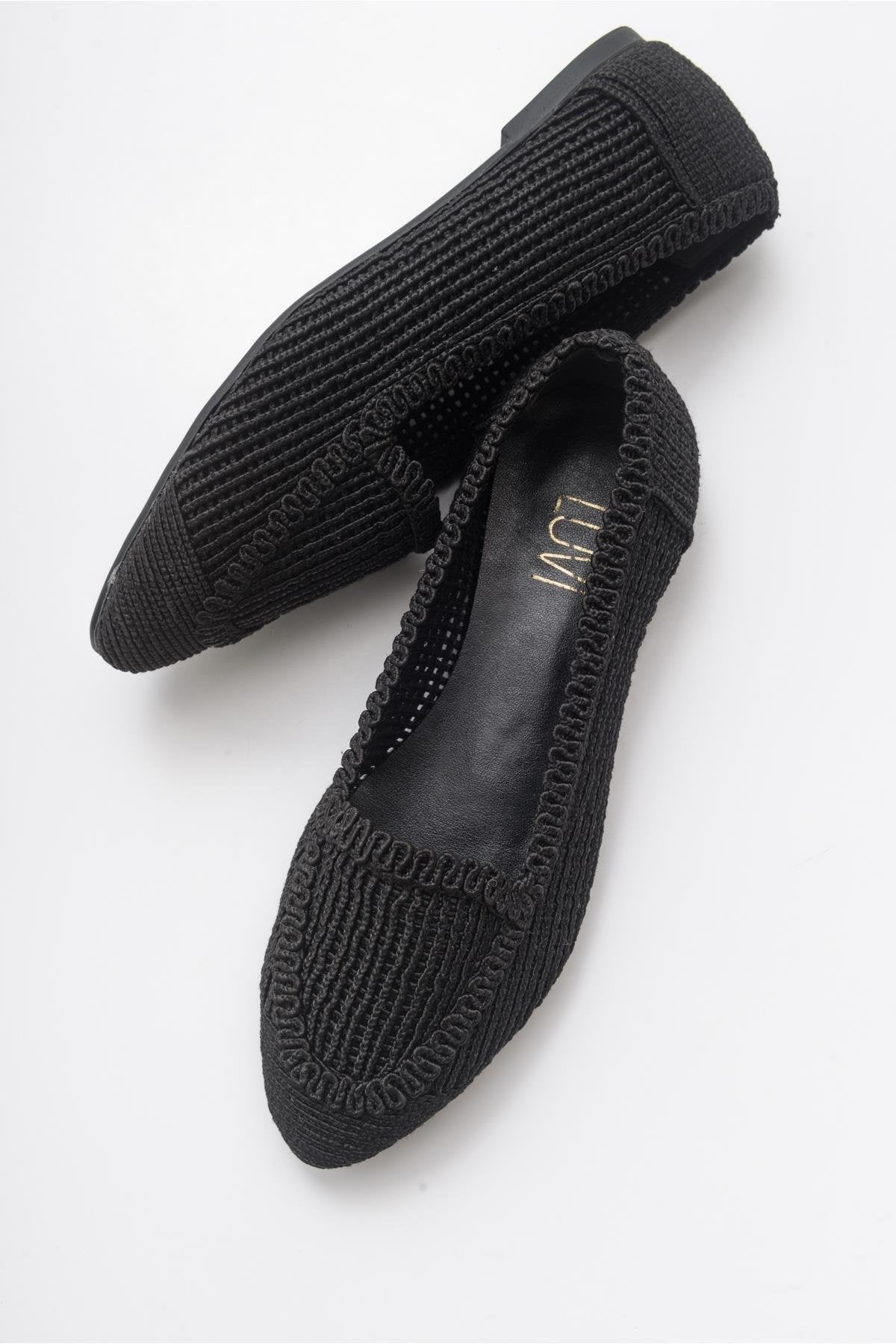 Mira Black Knit Ballet Flat – heel view showing leather, black, SimmiUnique