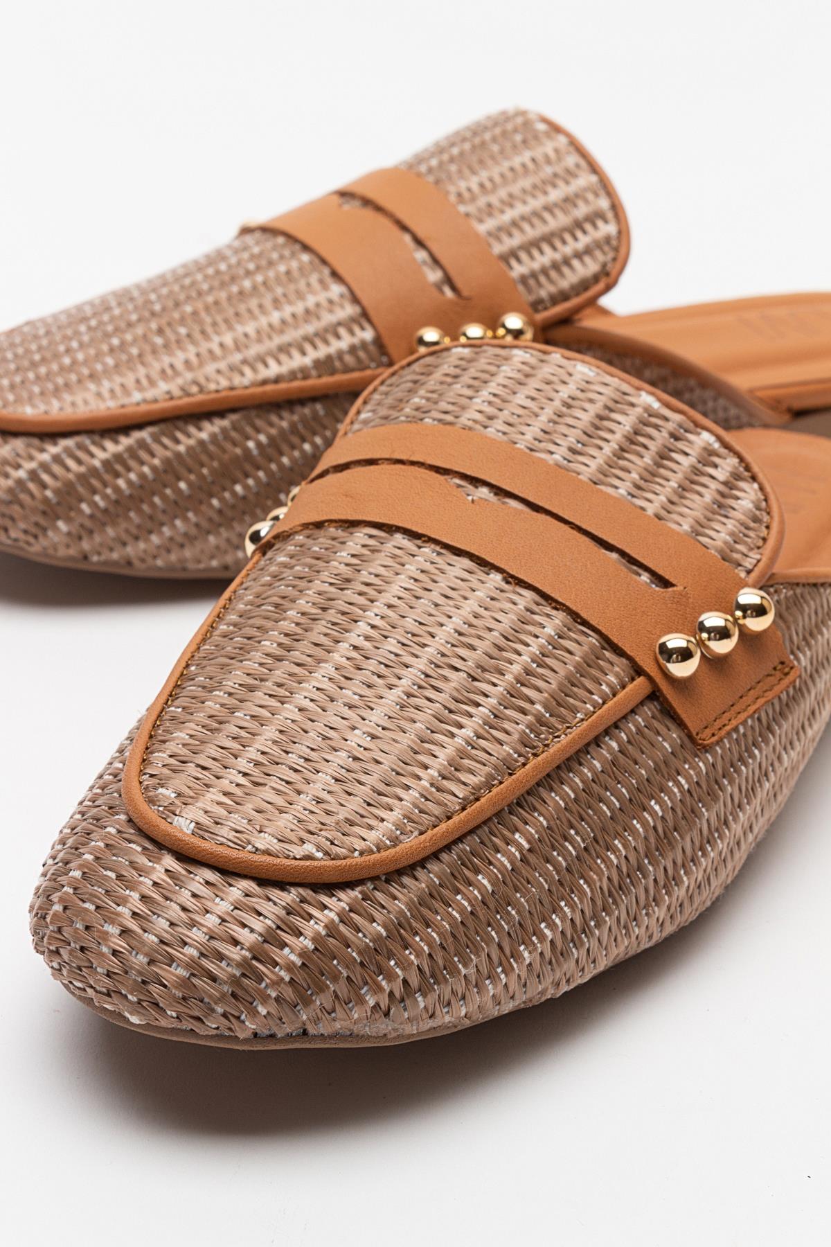 Patrizia - Brown Leather Mule – heel view showing leather, SimmiUnique