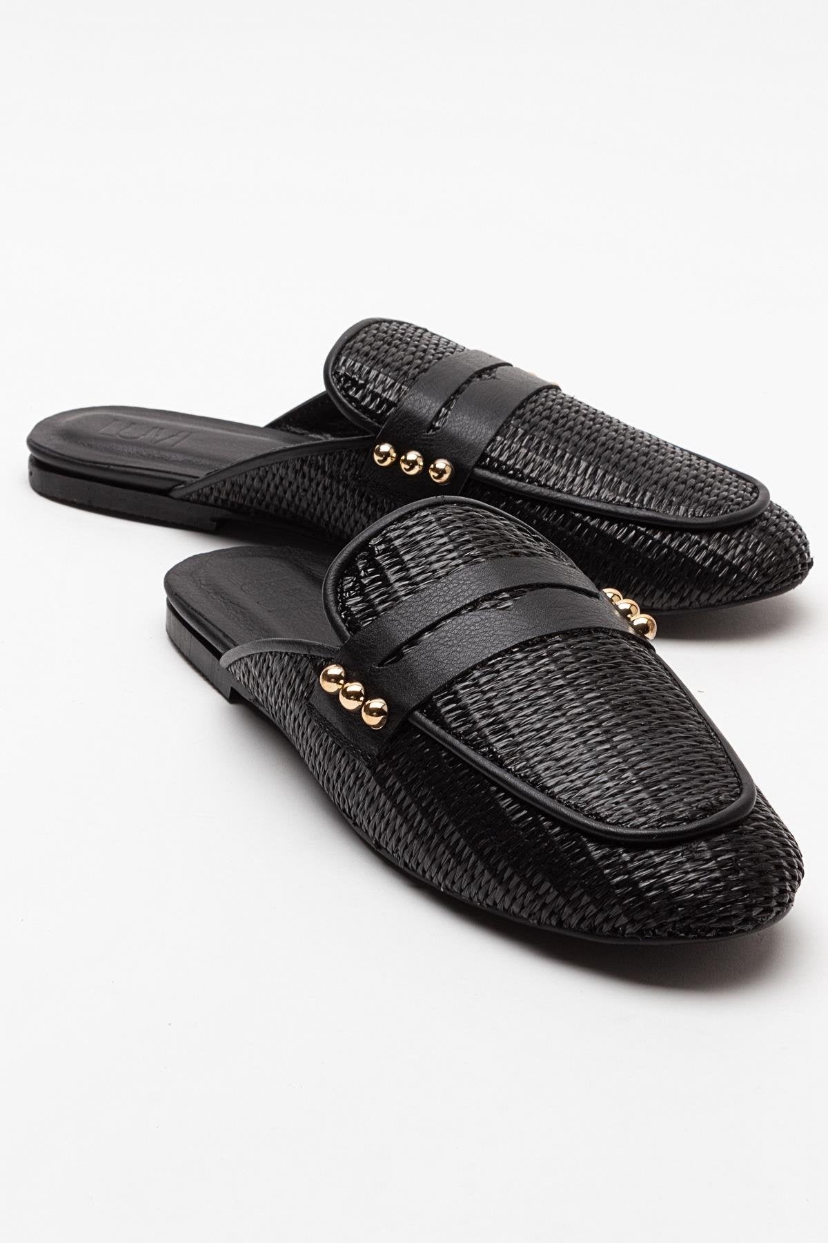 Patrizia - Black Leather Mule – front three-quarter view showing leather, black, SimmiUnique