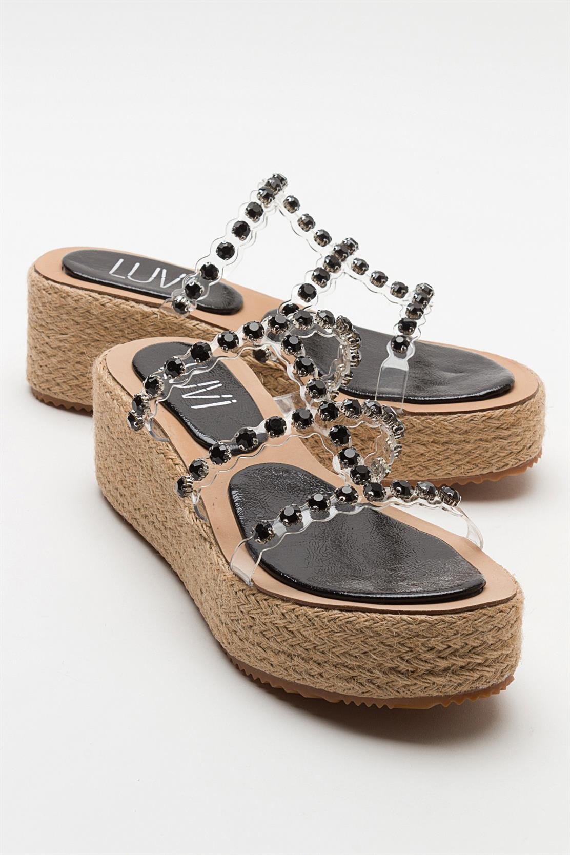 Marje - Black Embellished Platform Slide – front three-quarter view showing leather, black, red, SimmiUnique