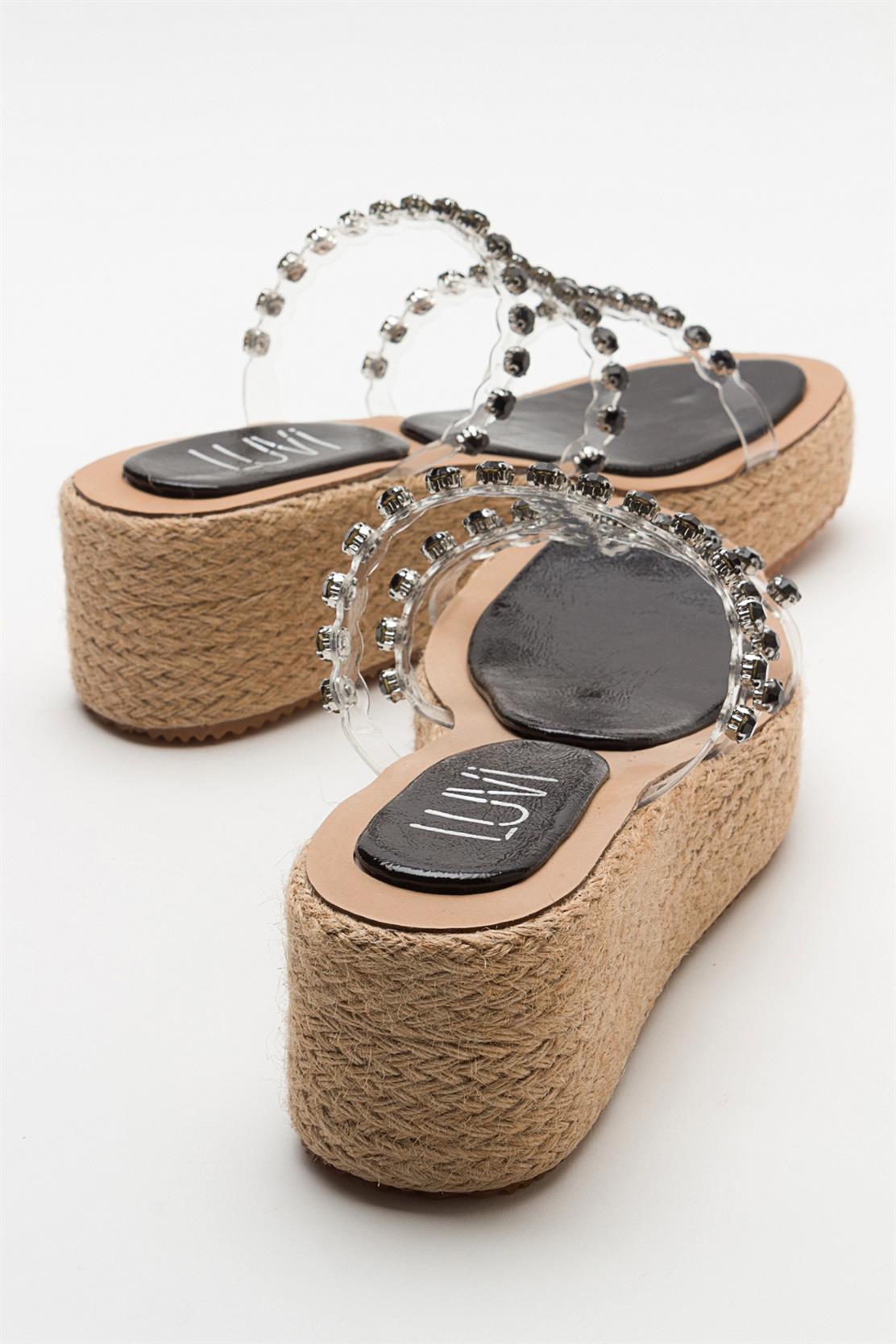 Marje - Black Embellished Platform Slide – detail view showing leather, black, red, SimmiUnique