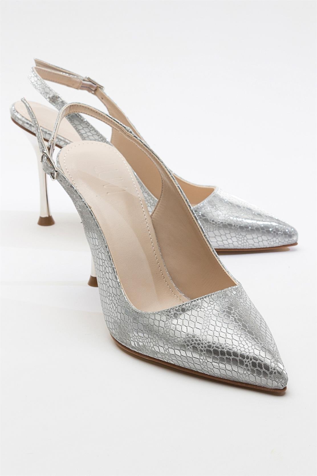 Orfo - Silver High Heel Shoe – front three-quarter view showing leather, silver, red, SimmiUnique