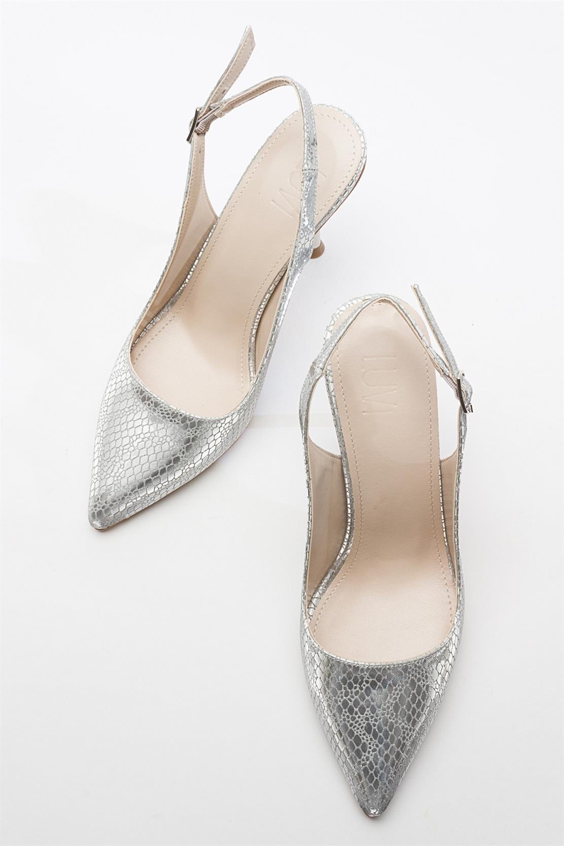 Orfo - Silver High Heel Shoe – heel view showing leather, silver, red, SimmiUnique