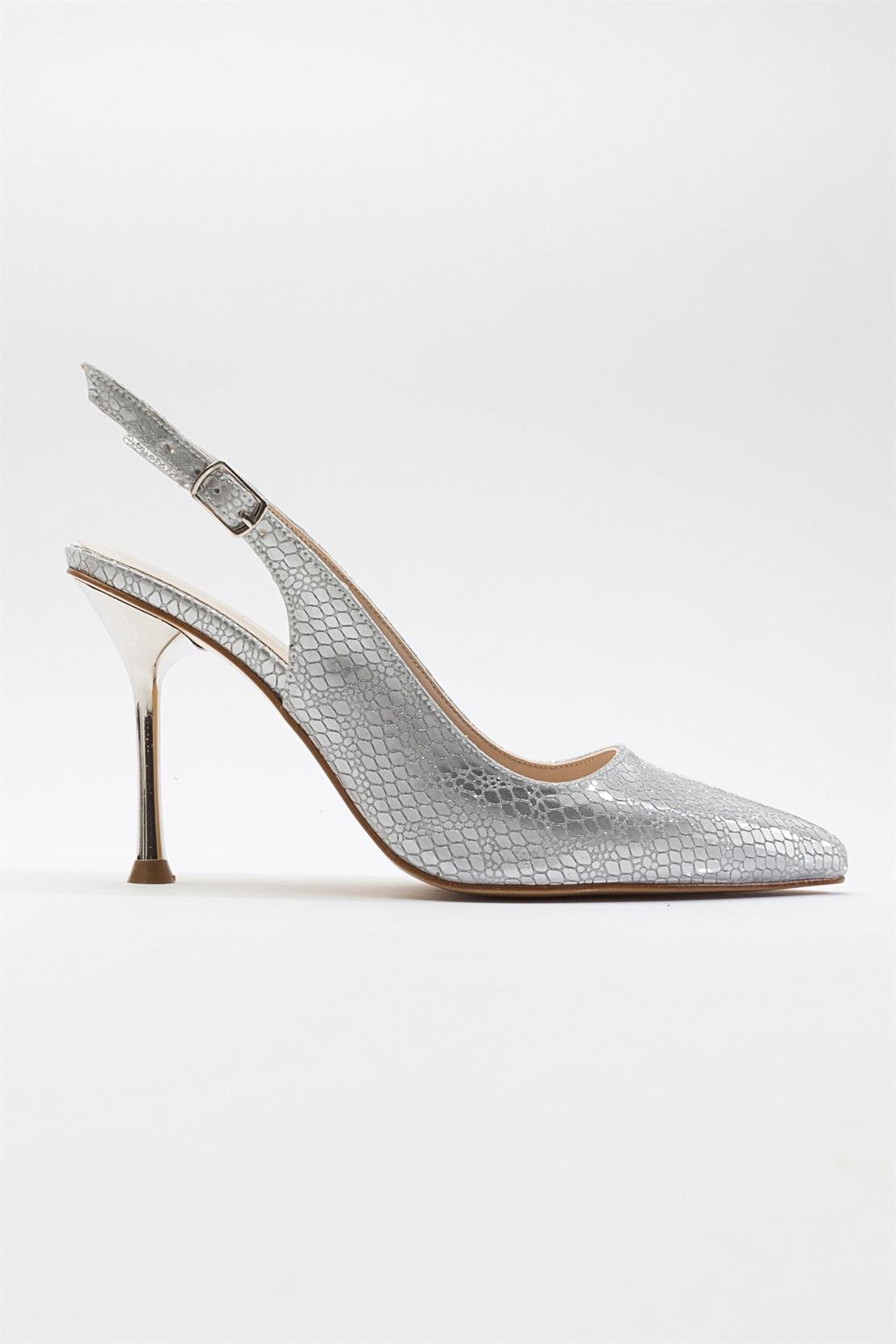 Orfo - Silver High Heel Shoe – sole view showing leather, silver, red, SimmiUnique
