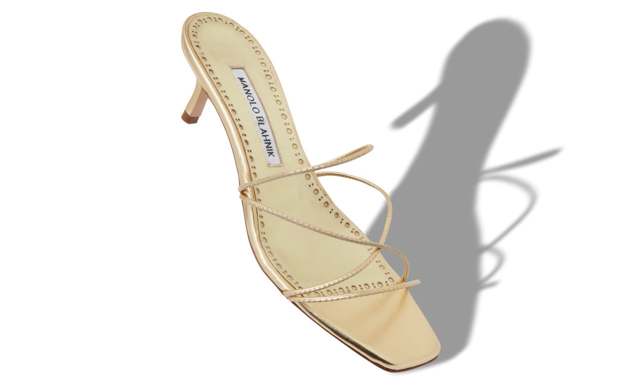 Estelle Dawn Gold Open Toe Mules – front three-quarter view showing gold open toe, nappa leather, SimmiUnique