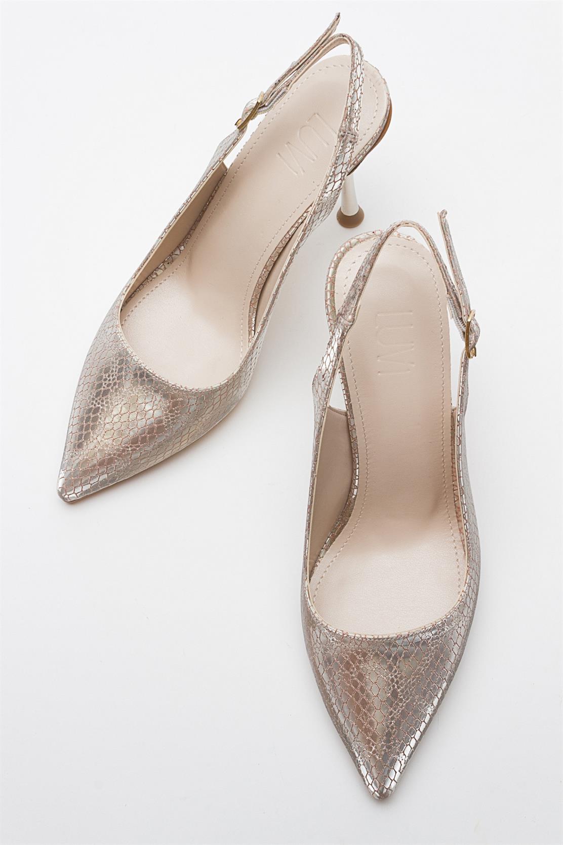 Orfo - Gold Patterned High Heel Shoe – heel view showing leather, gold, SimmiUnique
