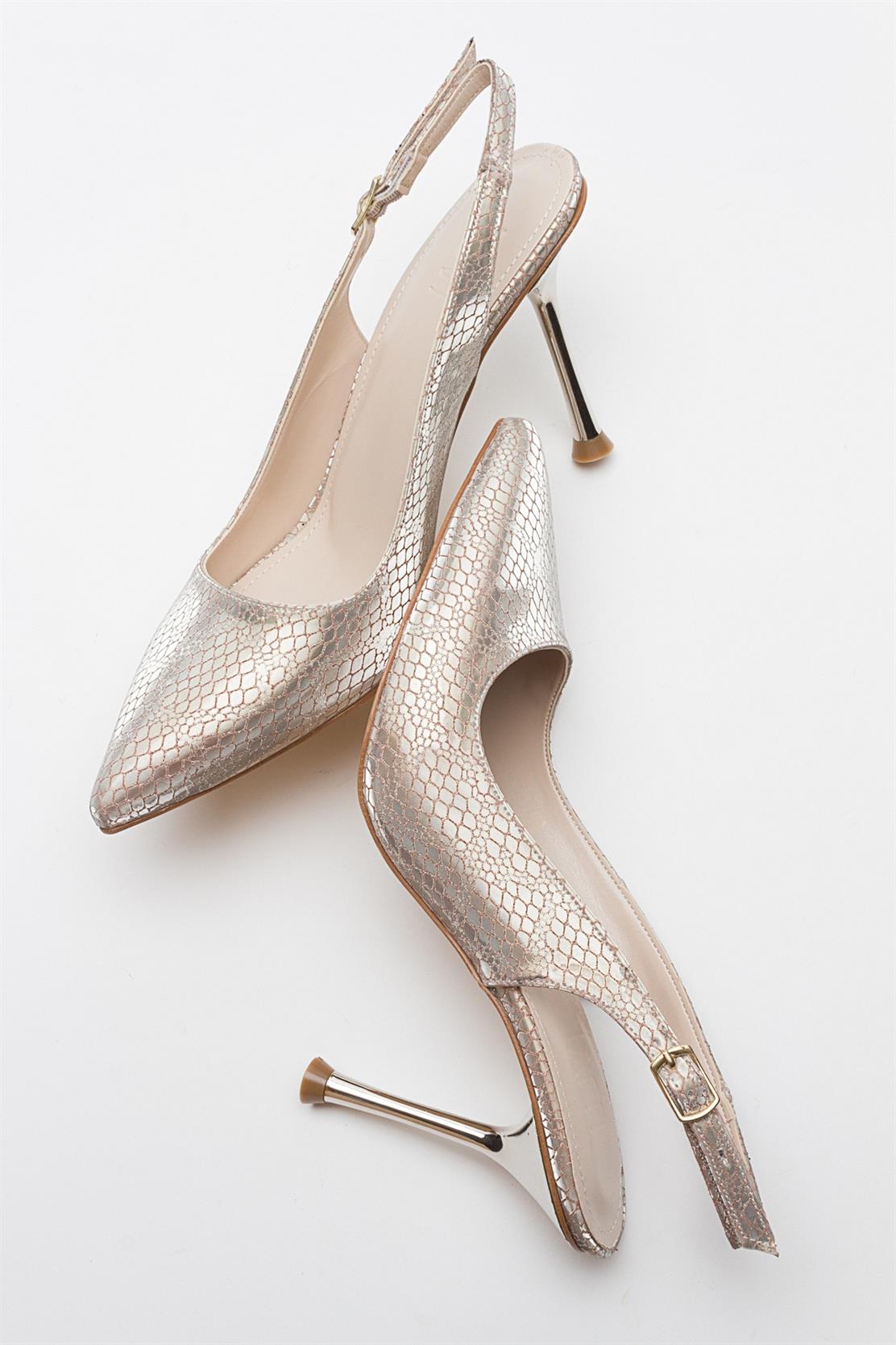 Orfo - Gold Patterned High Heel Shoe – back view showing leather, gold, SimmiUnique