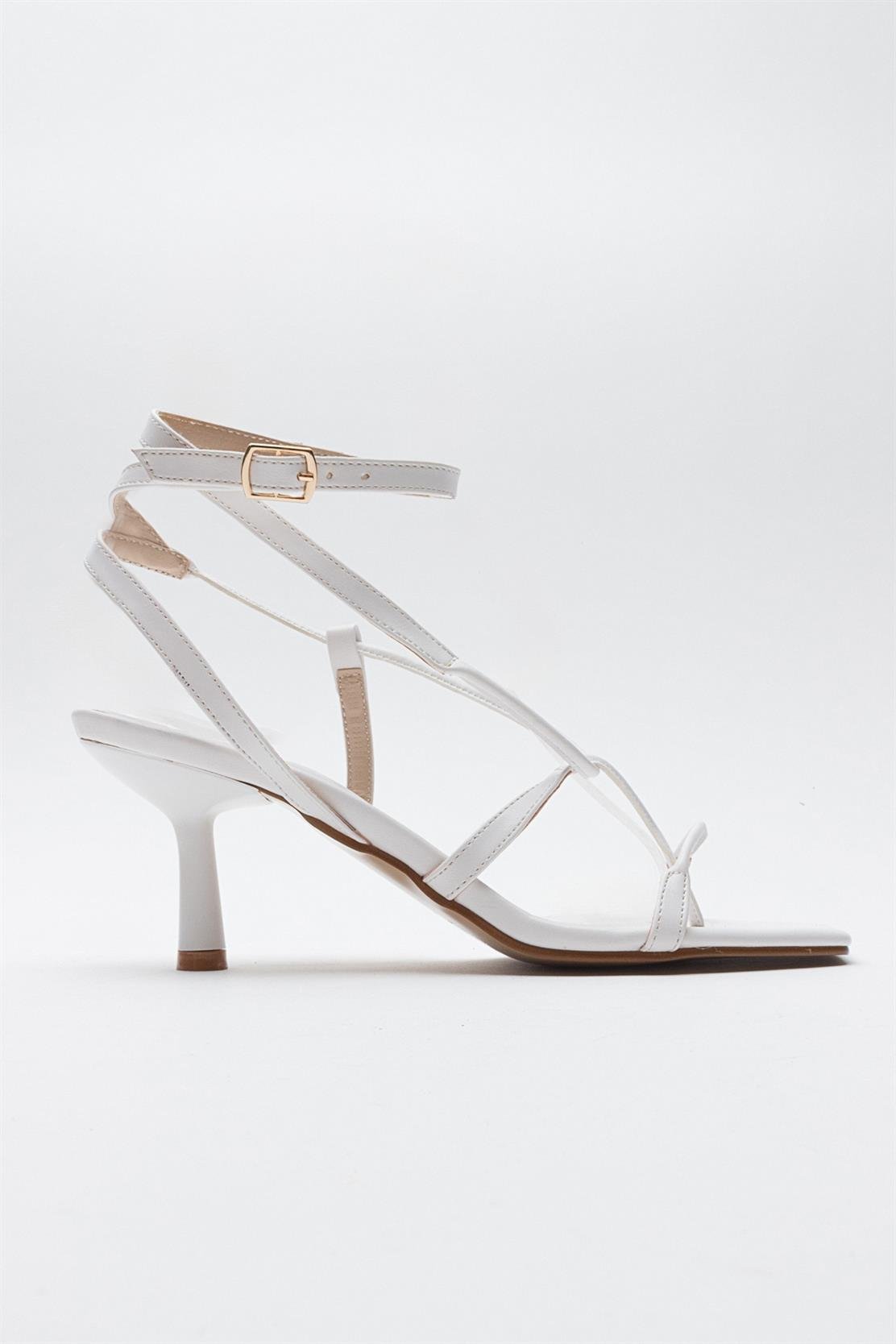 Mias - White Heeled Sandal – top view showing leather, white, SimmiUnique