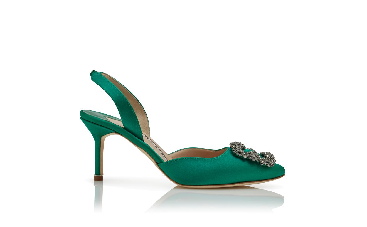 Emmeline Belle Green Jewel Buckle Slingbacks – side profile showing green jewel buckle, crystal buckle, ankle strap…