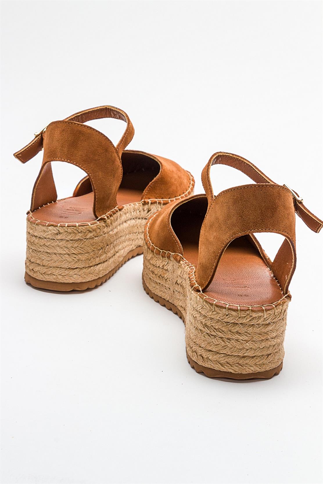Viba - Cognac Brown Suede Leather Espadrilles – heel view showing leather, suede, red, SimmiUnique