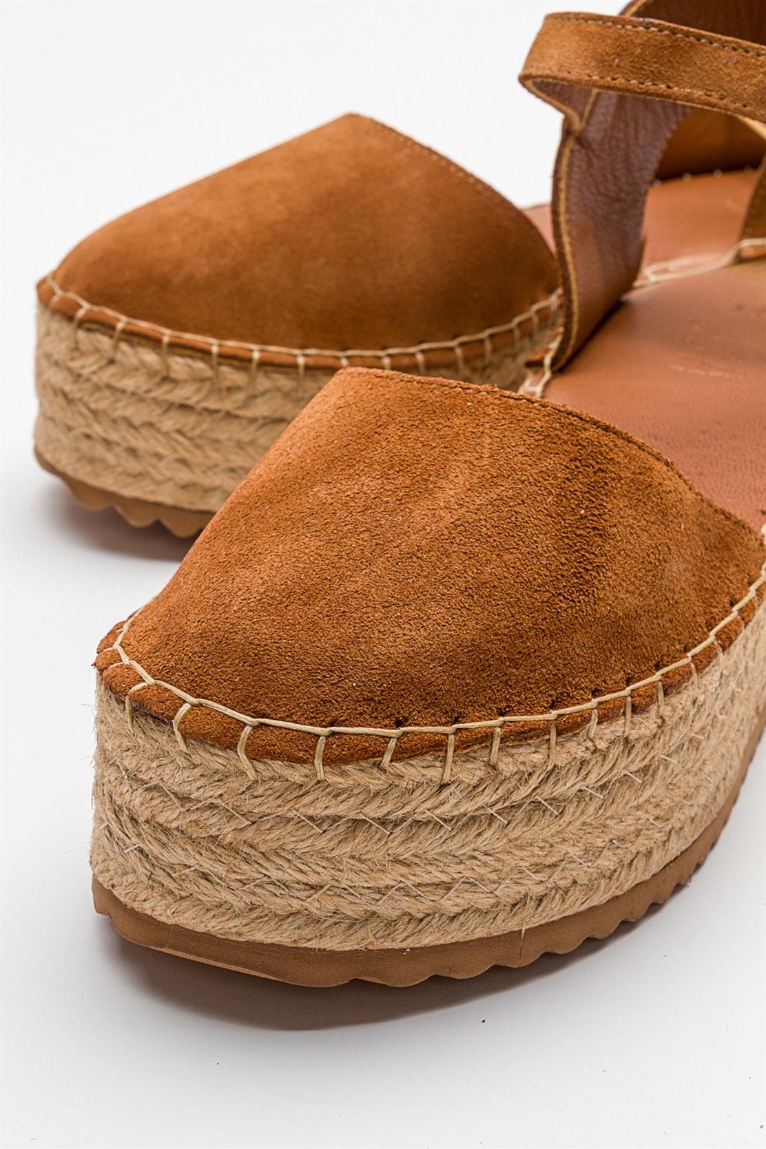 Viba - Cognac Brown Suede Leather Espadrilles – back view showing leather, suede, red, SimmiUnique