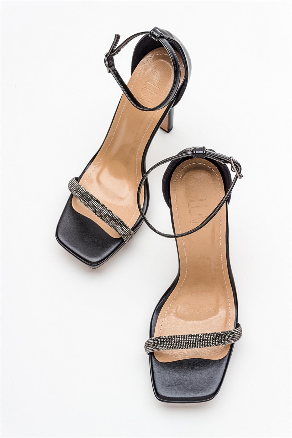 Unos - Black Stone-Embellished Single-Strap High-Heel Evening Shoe – heel view showing leather, black, SimmiUnique