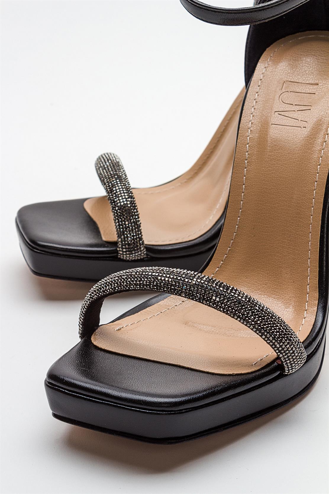 Unos - Black Stone-Embellished Single-Strap High-Heel Evening Shoe – back view showing leather, black, SimmiUnique