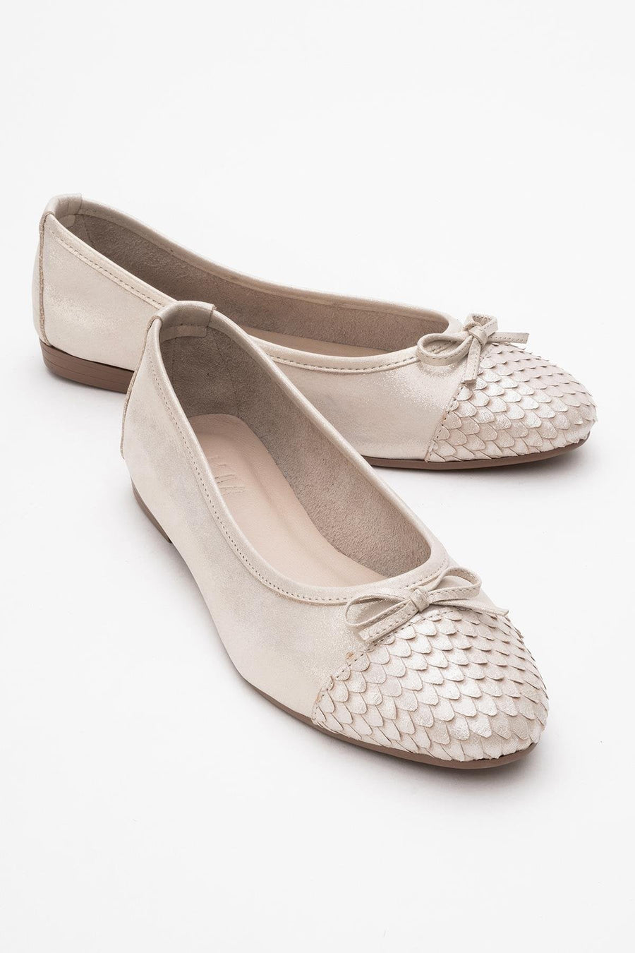 02 - Beige Glitter Genuine Leather Ballet Flat