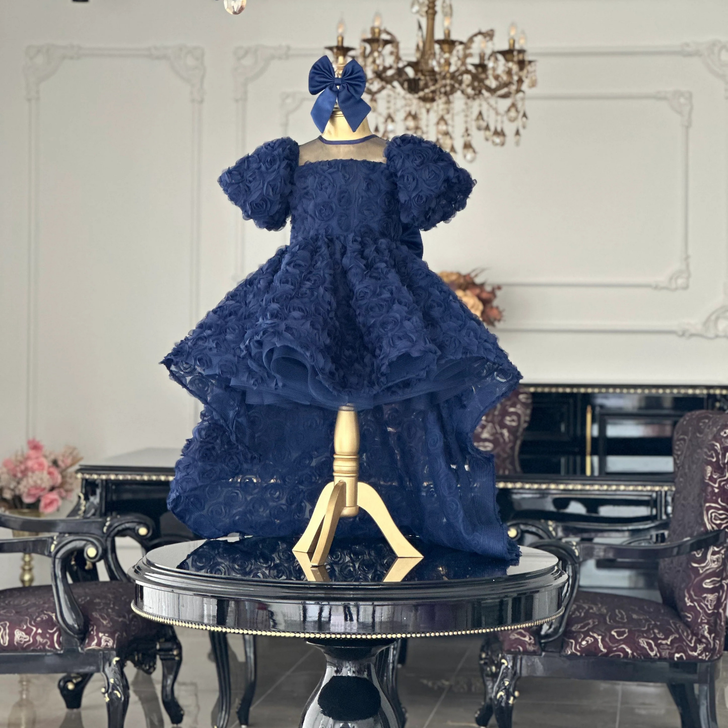 Rose Navy Blue Tailed Evening Dress