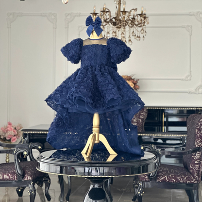 Rose Navy Blue Tailed Evening Dress