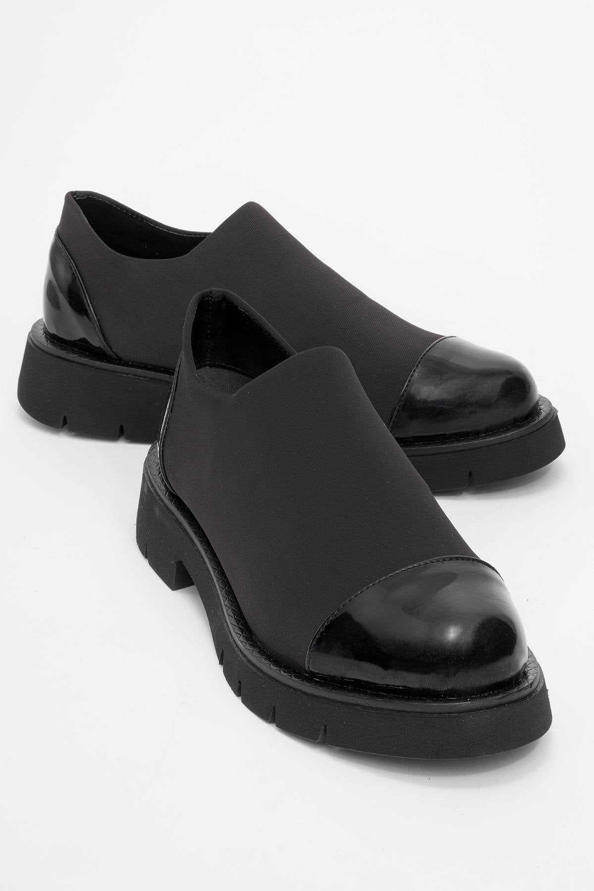 Panola - Black Patent Scuba Everyday Shoe – front three-quarter view showing leather, black, SimmiUnique
