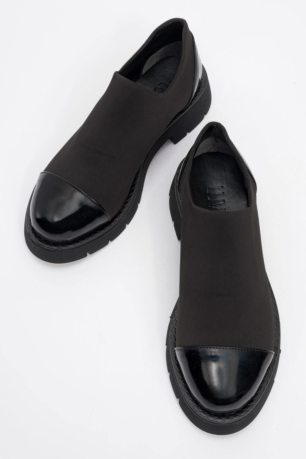 Panola - Black Patent Scuba Everyday Shoe – side view showing leather, black, SimmiUnique