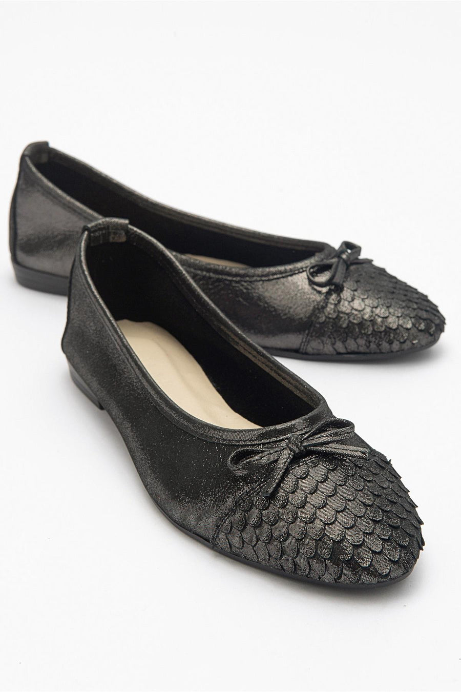 02 - Black Glitter Genuine Leather Ballet Flat