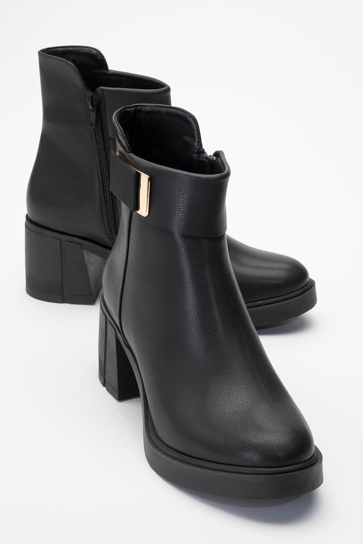 Rashe - Black Buckled Block Heel Boot – front three-quarter view showing leather, black, red, SimmiUnique