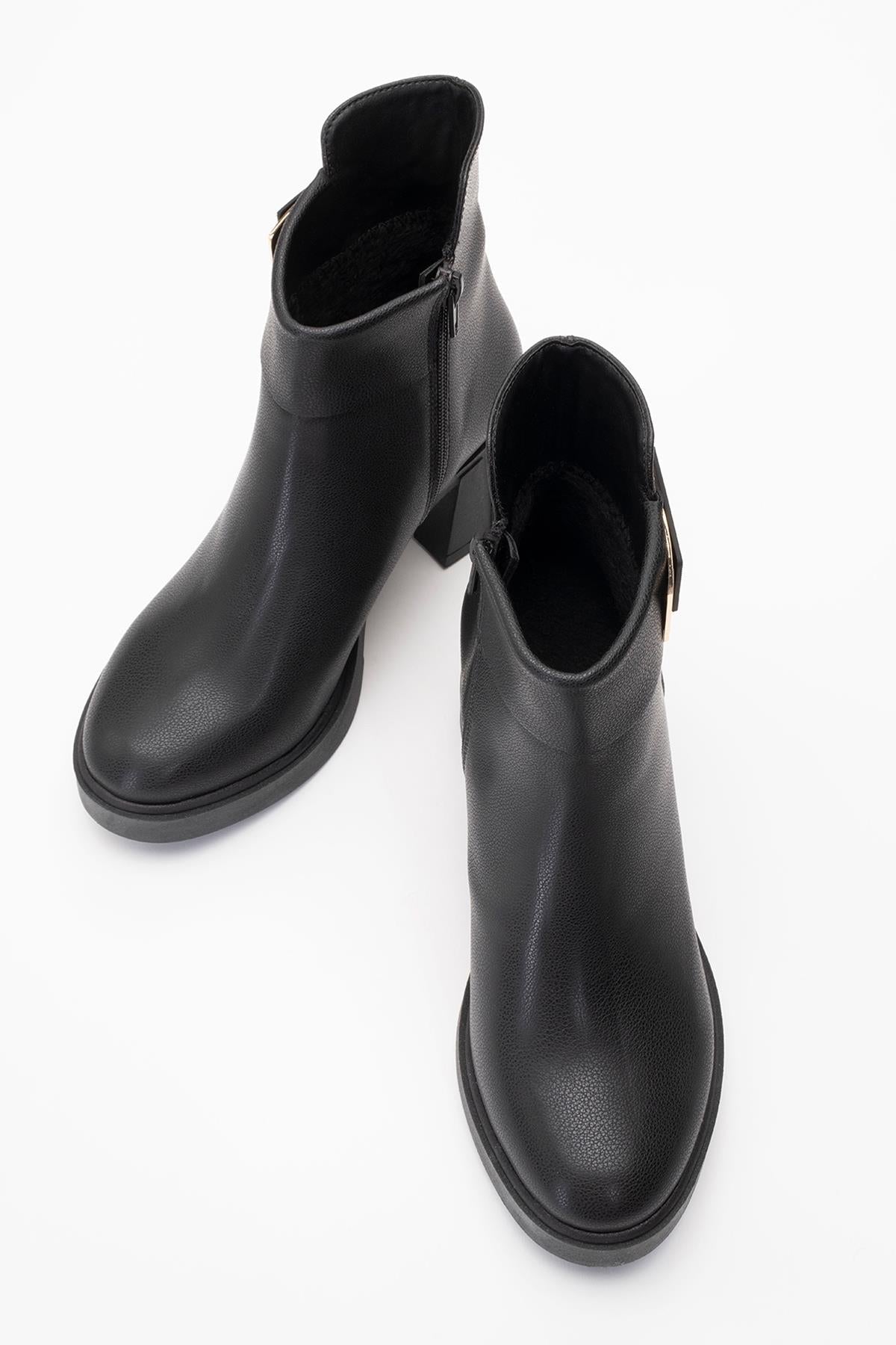 Rashe - Black Buckled Block Heel Boot – side view showing leather, black, red, SimmiUnique