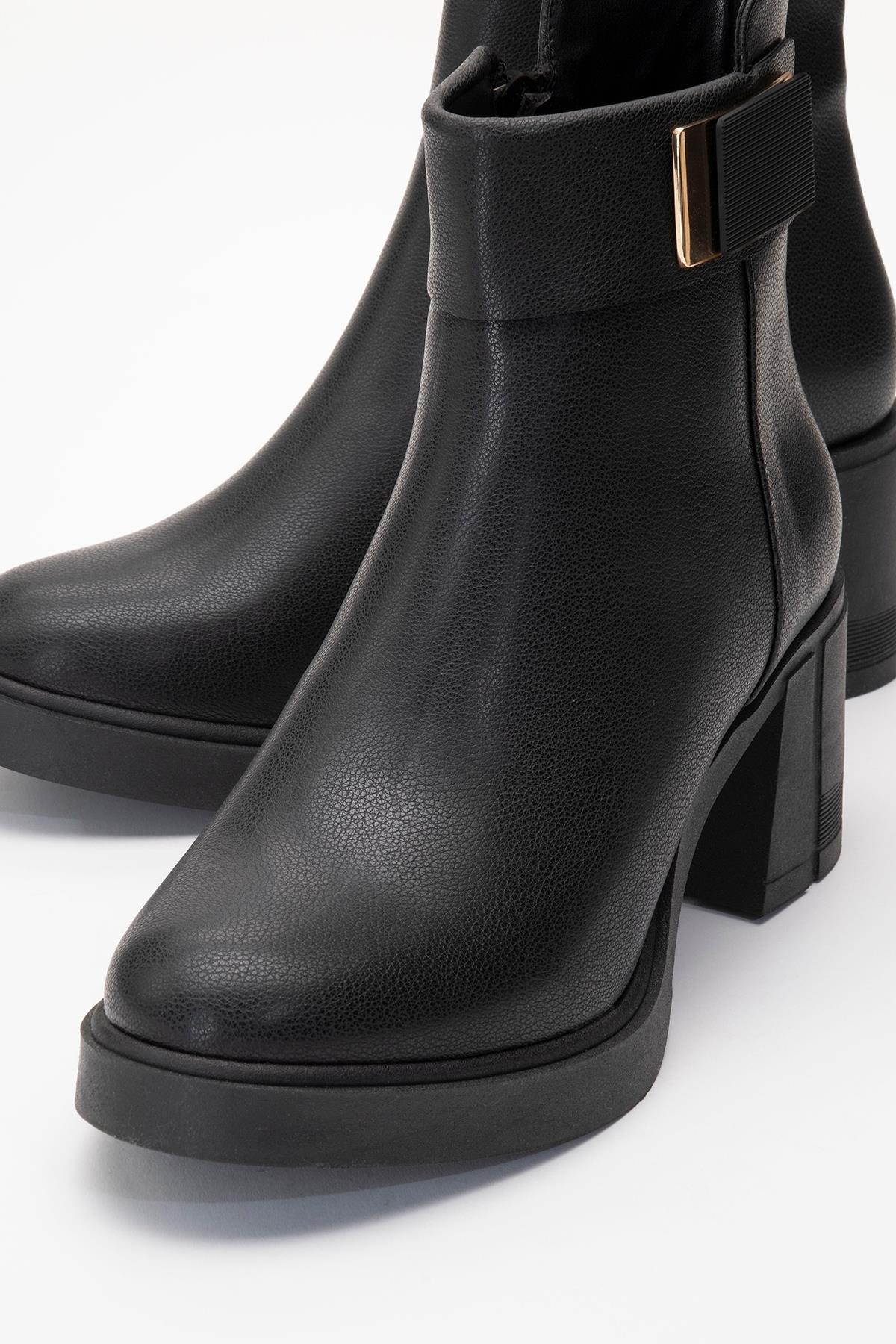 Rashe - Black Buckled Block Heel Boot – detail view showing leather, black, red, SimmiUnique