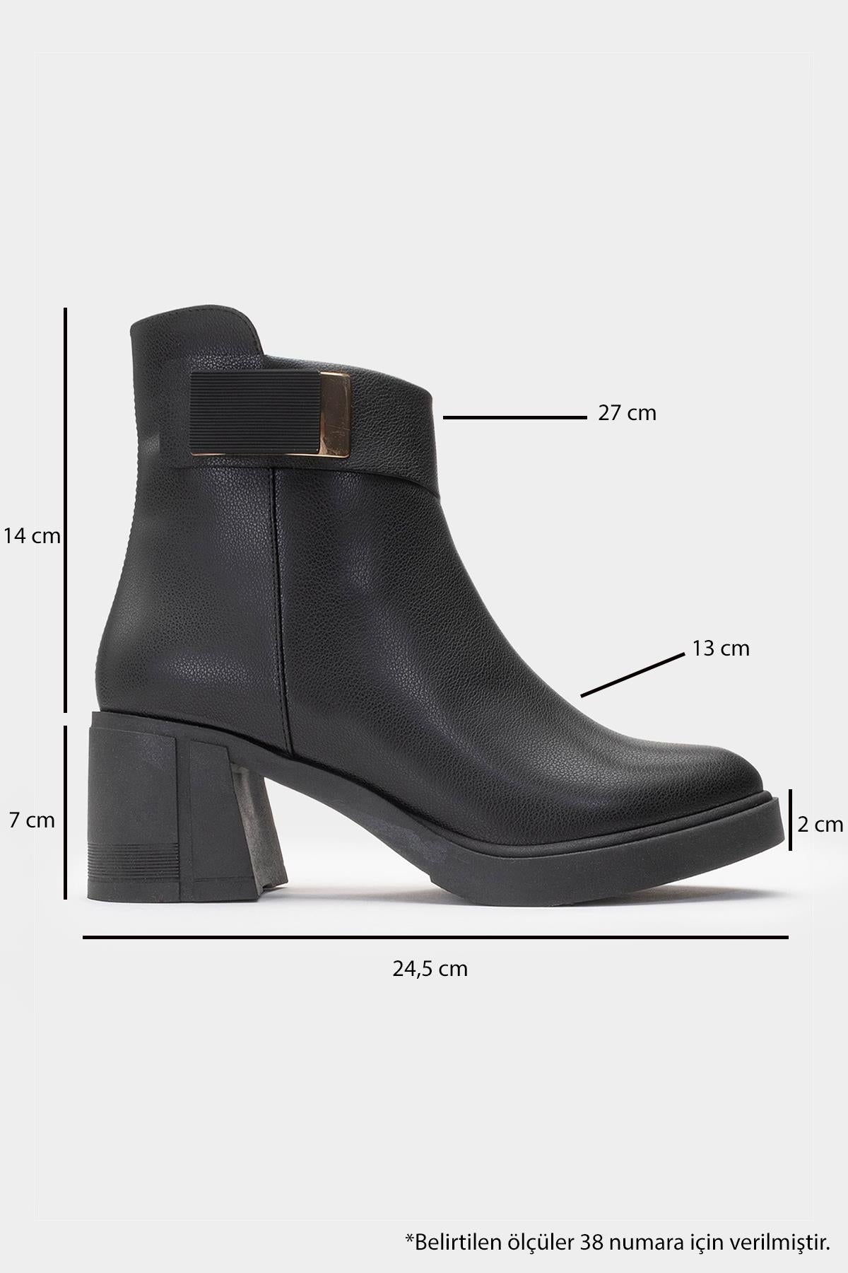 Rashe - Black Buckled Block Heel Boot – heel view showing leather, black, red, SimmiUnique