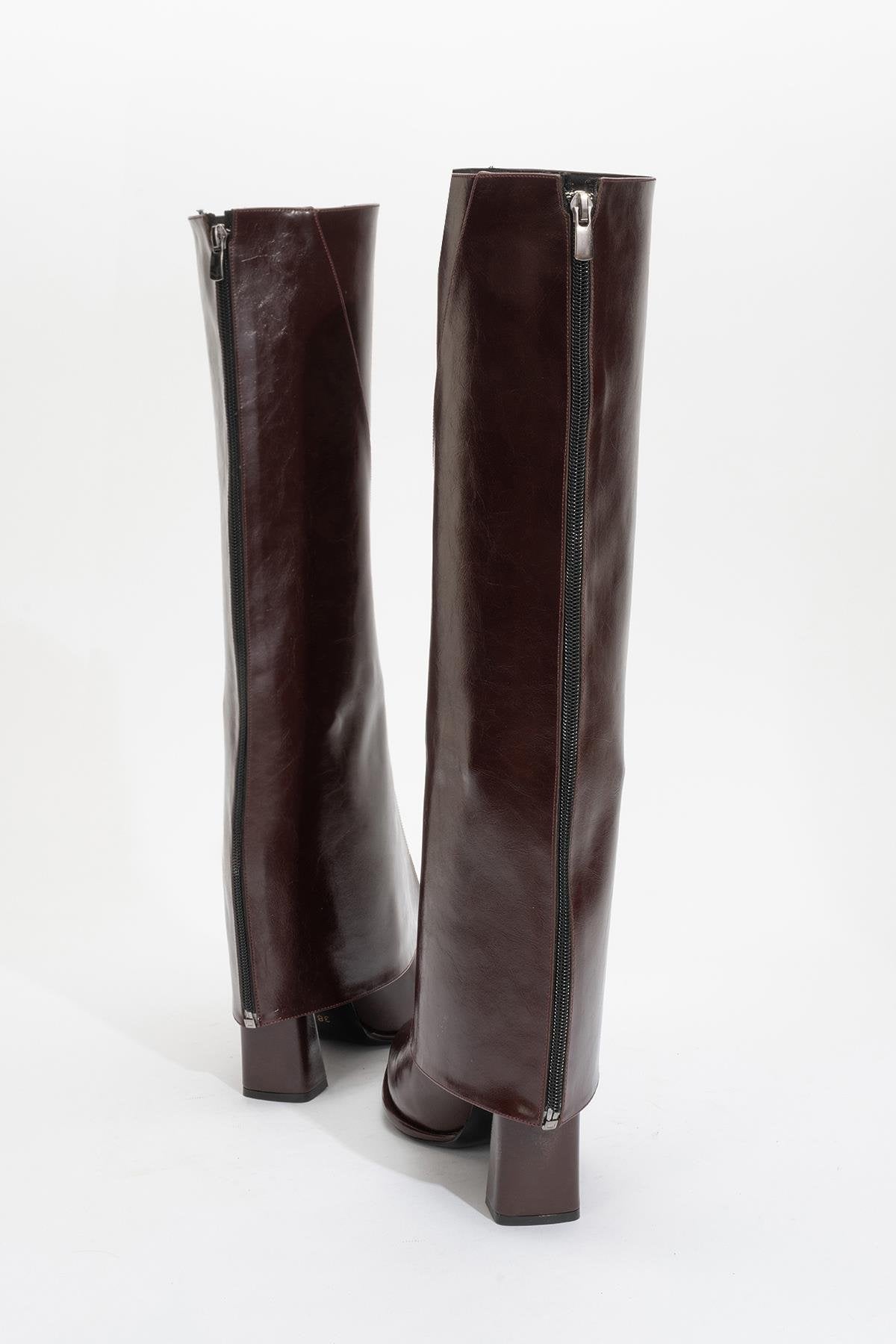Aja - Burgundy Block Heel Convertible Knee-High Boot – product view 10 showing leather, SimmiUnique