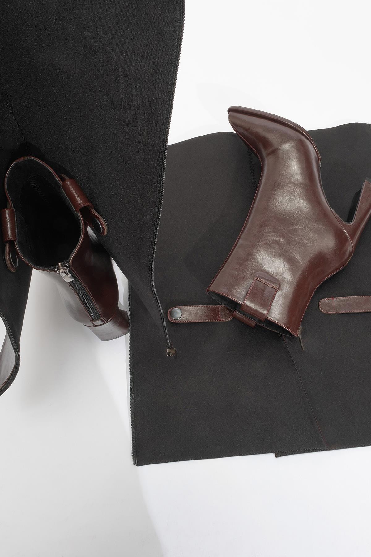 Aja - Burgundy Block Heel Convertible Knee-High Boot – heel view showing leather, SimmiUnique