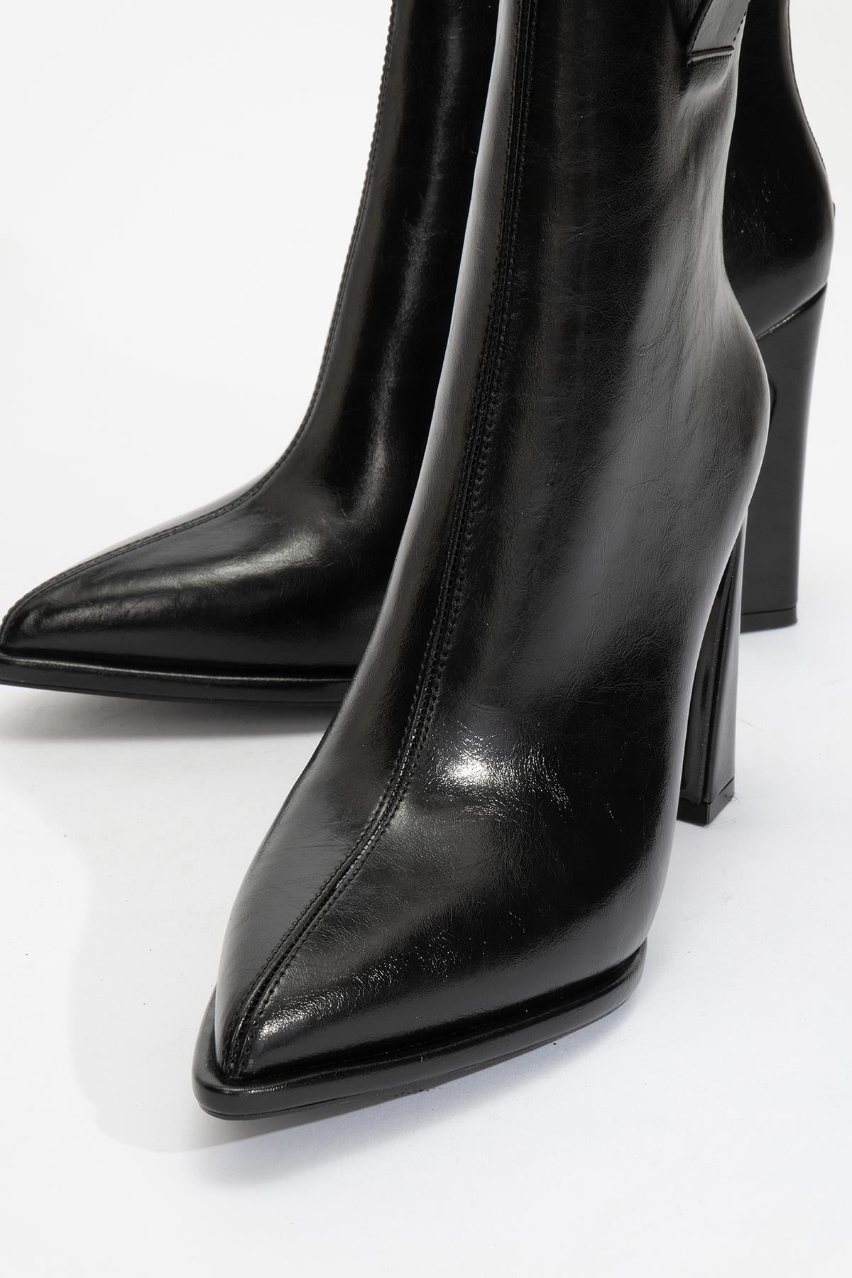 Aja - Black Block Heel Convertible Knee-High Boot – product view 10 showing leather, black, SimmiUnique
